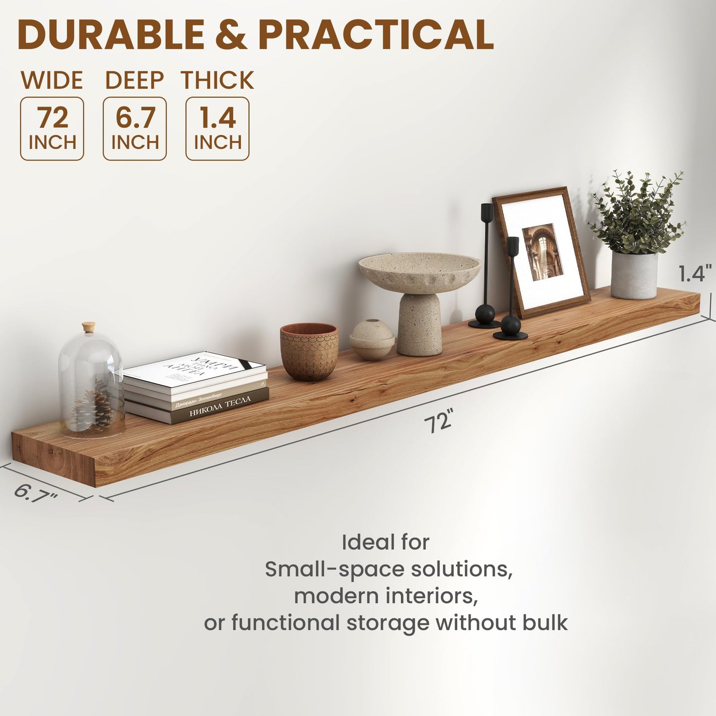 72 Inch Floating Shelves for Wall 1 Pack Shelves for Bedroom, Bathroom, Kitchen, Wall Mounted Rustic Solid Elm Wood Floating Shelf with Invisible Bracket for Books, Decor, Storage, Natural