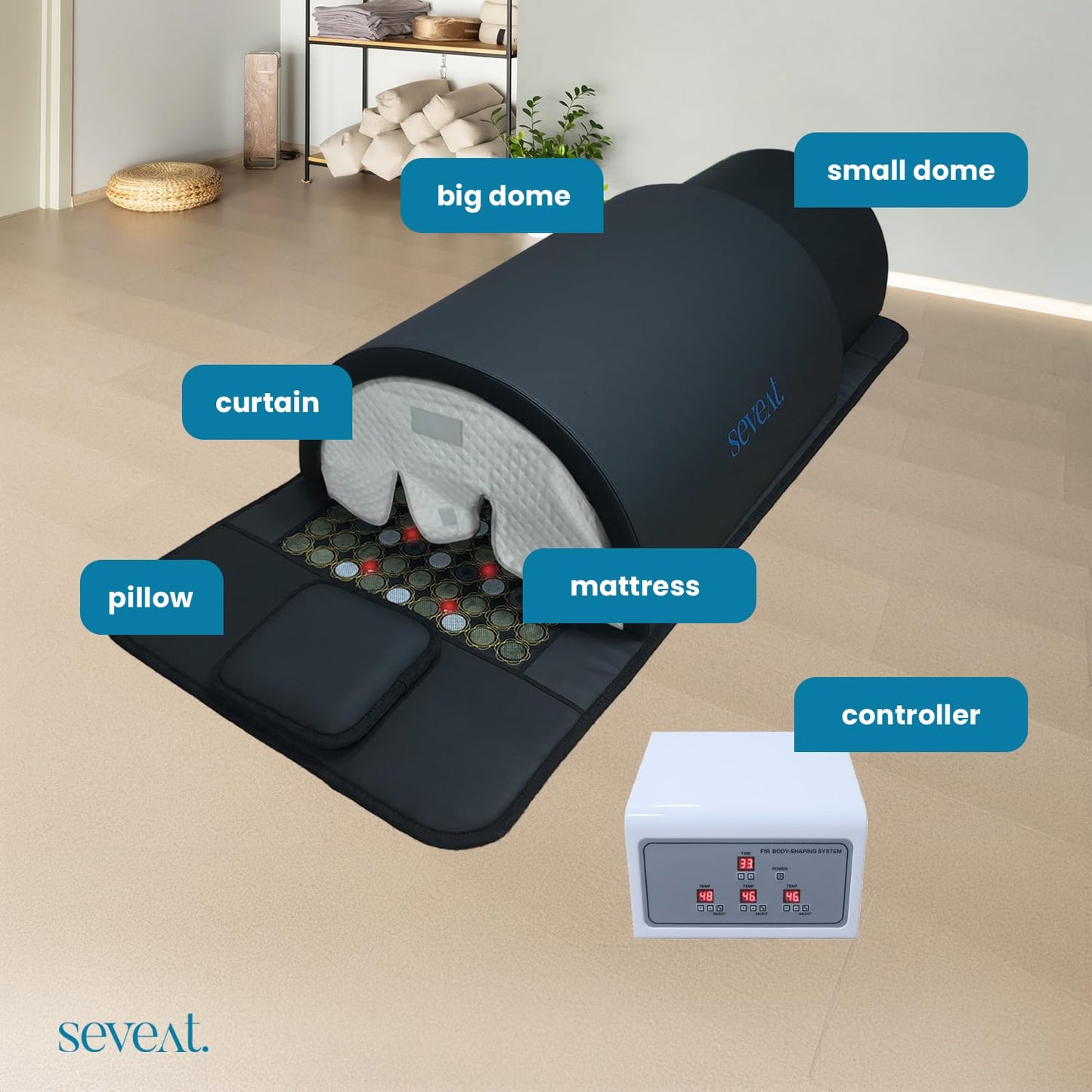 Seveat Portable Infrared Sauna Dome | 1300W Power | Near-Zero EMF | Full-Body Dry Sauna with Therapeutic Jade Stones | Home Wellness & Relaxation (Black)