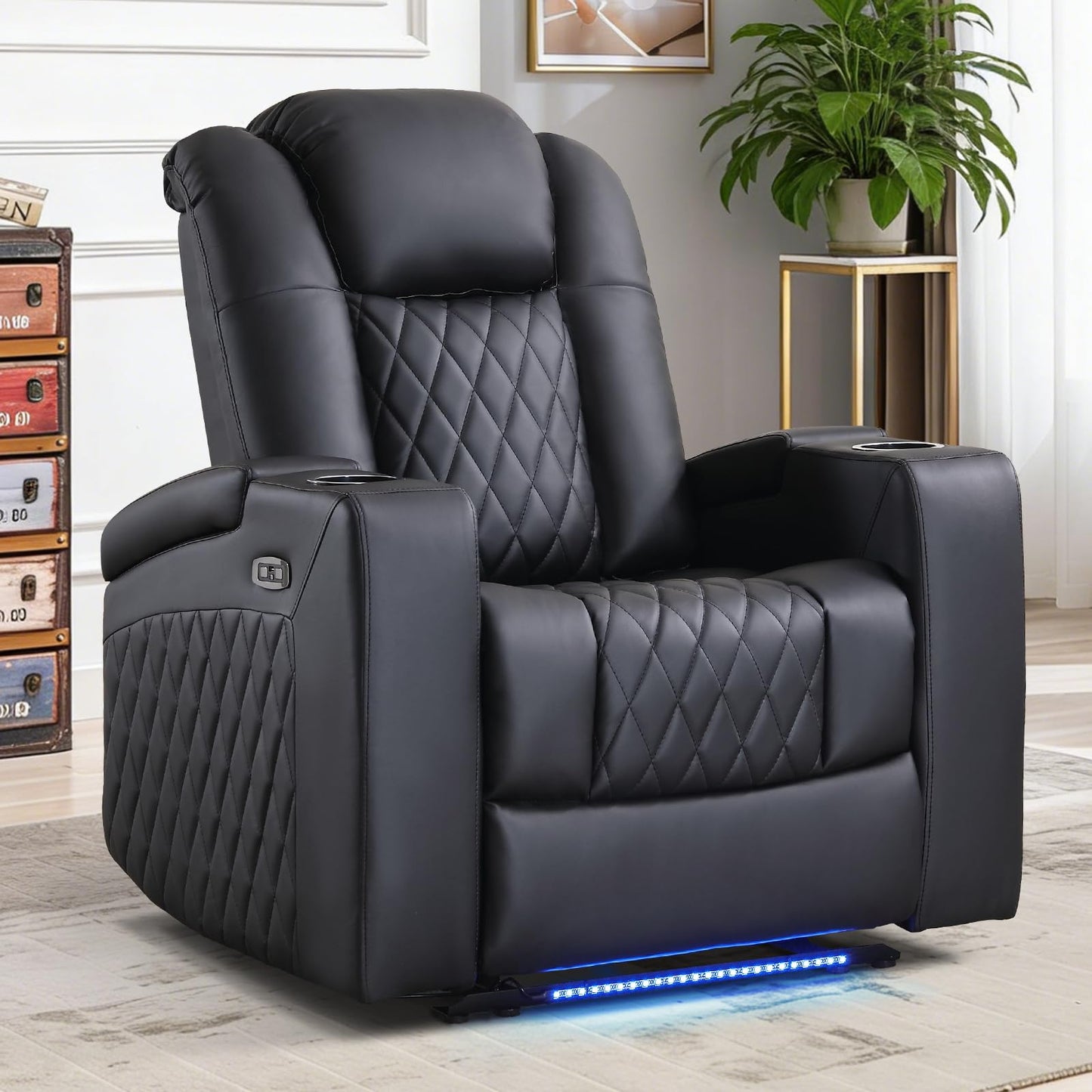 ANJ Home Theater Seating Power Recliner with Hidden Arm Storage, Faux Leather Recliners with LED Light, Electric Movie Reclining Chairs with USB Ports & Cup Holders for Media Living Room, Black