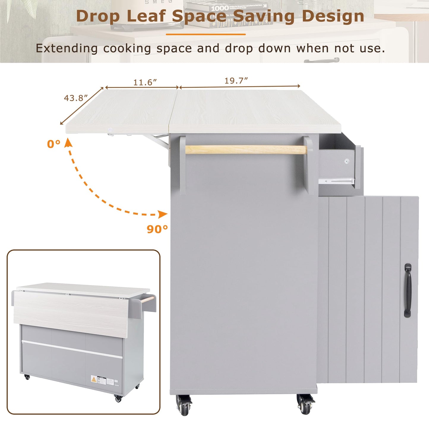 Ball & Cast Kitchen Island with Trash Can Storage Cabinet,Kitchen Cart W/Drop Leaf,Spice Rack,Towel Rack and Drawers,Rolling Kitchen Islands on Wheels W/Adjustable Shelf for Dining Room,Grey