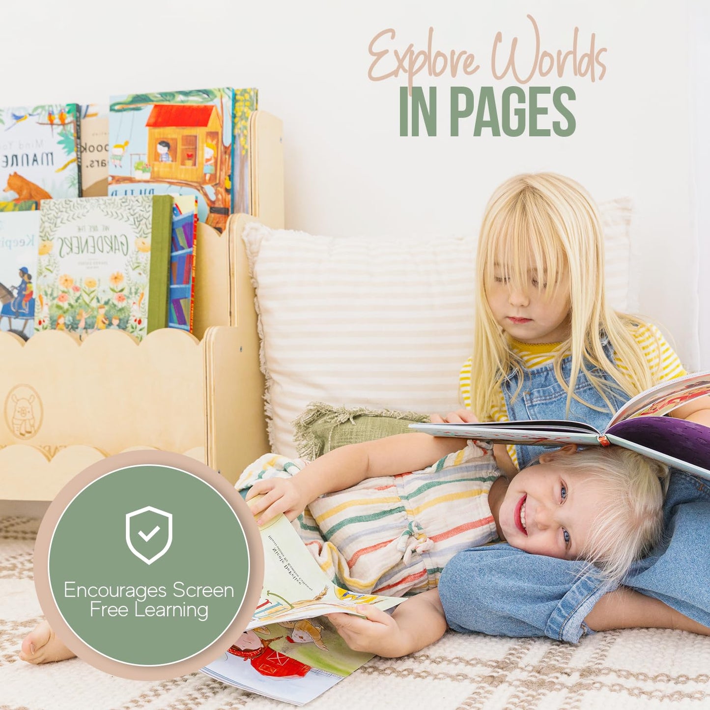Fable Twig Wooden Kids Bookshelf w/Scalloped Edges- Made in USA- Perfect Height 3-Tier Montessori Shelf- Durable Childrens Bookcase for Kids Room or Playroom- Baby Book Shelf Nursery