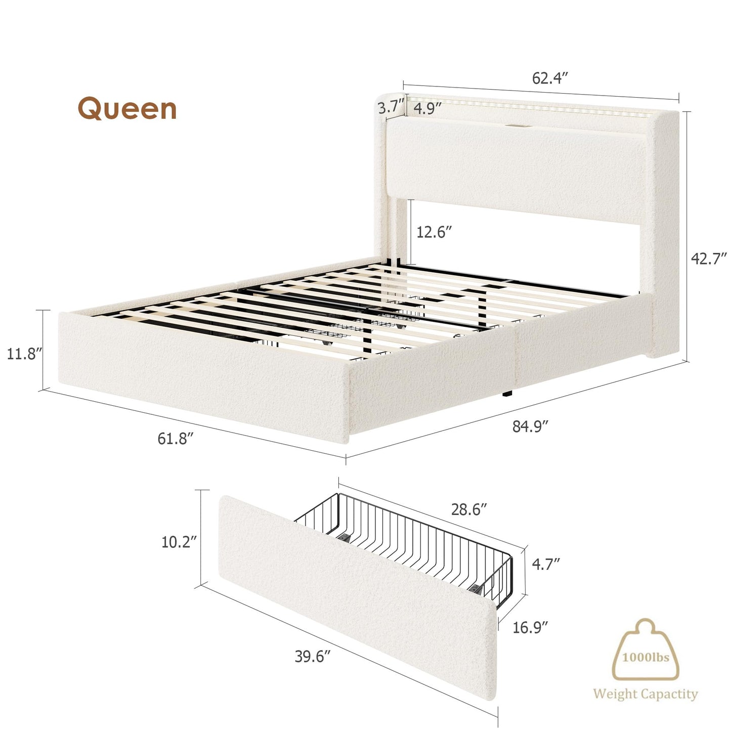 GarveeHome Boucle Queen Size Bed Frame, Cloud Cream Platform Bed Frame with 4 Storage Drawer and Upholstered Headboard, Soft Boucle Fabric, No Box Spring Required, Easy Assembly, Cream
