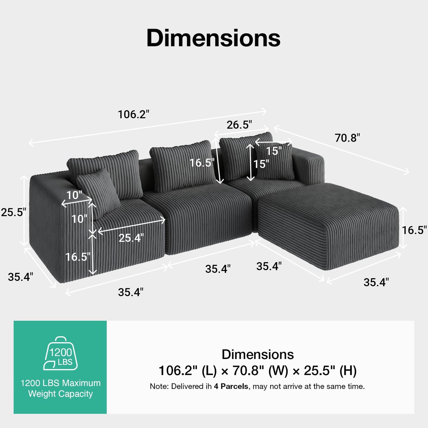 Novilla 106" Modular Sectional Sofa, Modern Cloud Sectional Couch with Smarts Coil® Support, L-Shape Boneless Couch for Living Room Apartments, No Assembly Required, Dark Gray (3 Seat w/ 1 Ottoman)