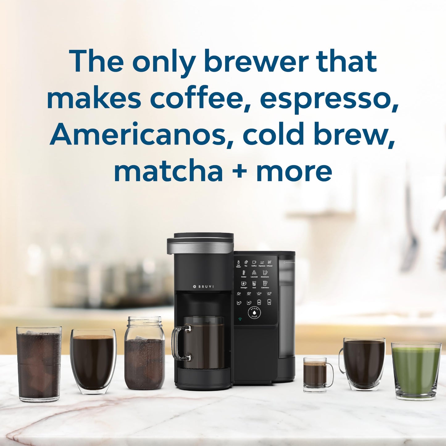 BRUVI Single-Serve Coffee Maker Bundle | Brews Coffee, Espresso, Cold Brew, Matcha Green Tea & More | Includes Brewer + 20 Dark Roast Pods | Touchscreen, WiFi, 70 oz Tank | Black