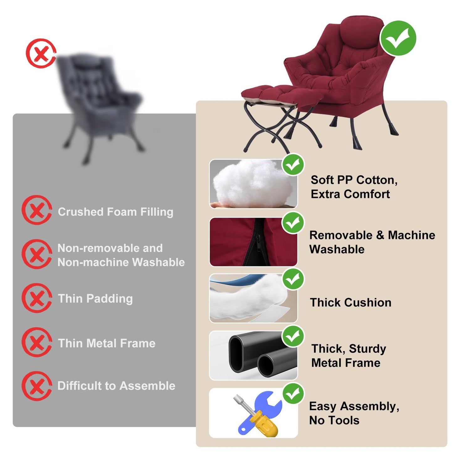 Furlide Lazy Chair with Ottoman, Modern Accent Chairs with Folding Footrest, Burgundy Sofa Chair Set, Comfortable Reading Chairs, Oversized Armchairs for Bedroom, Study, Living Room, Courtyard