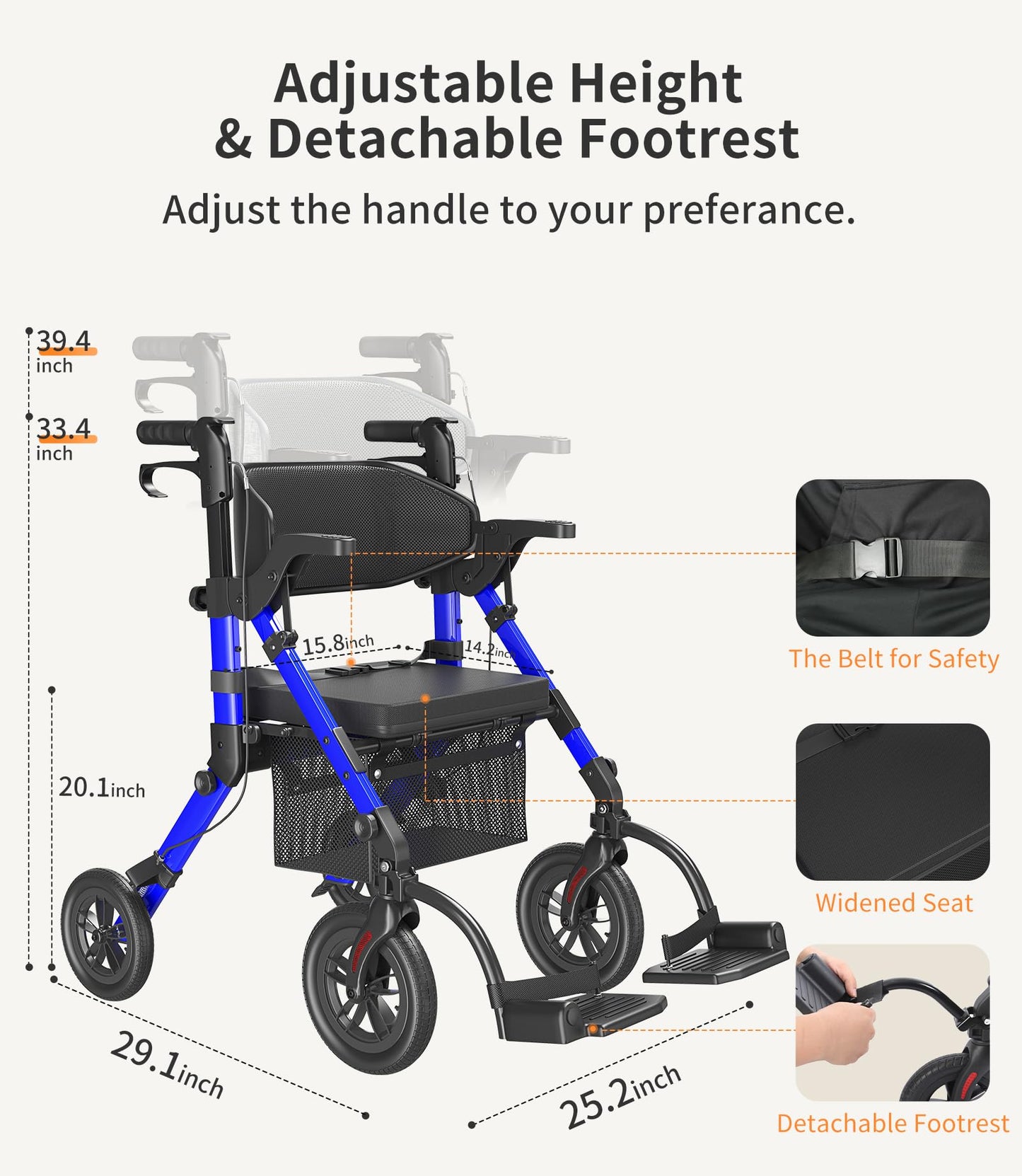 VOCIC Transport-Wheelchair-Lightweight-Foldable, Walker Wheelchair Combo, Rollator-Walkers-for-Seniors-with-Seat, 2 in 1 Rolling Walker, 300lb Adults 4 Wheel Transport Chair w/Brakes & Pouch