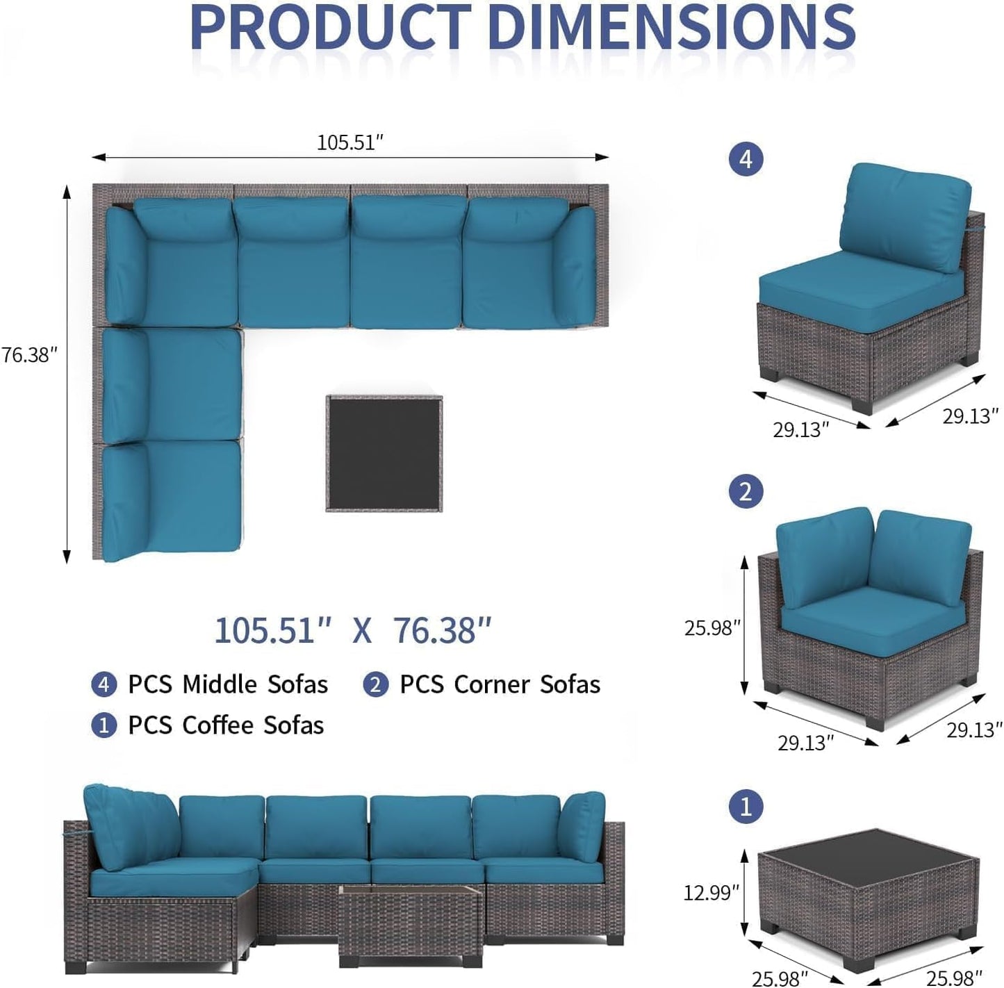 6 Piece Sectional Rattan Sofa with Glass Top Coffee Table, Patio Rattan Conversationr Sofa Set, All Weather Outdoor Patio Furniture Set and Chairs, Poolside, Garden, Porch