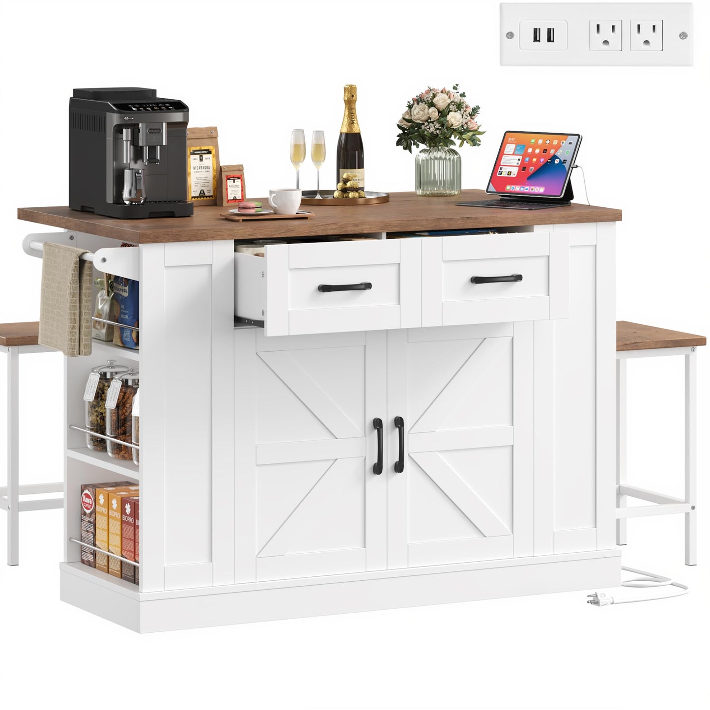 Keyluv Kitchen Storage Island with 2 Stools, 51.2” Mobile Kitchen Cart with Drop Leaf & Power Outlet, Rolling Island Table Dining Room Buffet with 2 Drawers & Side Storage Rack &Towel Rack, White