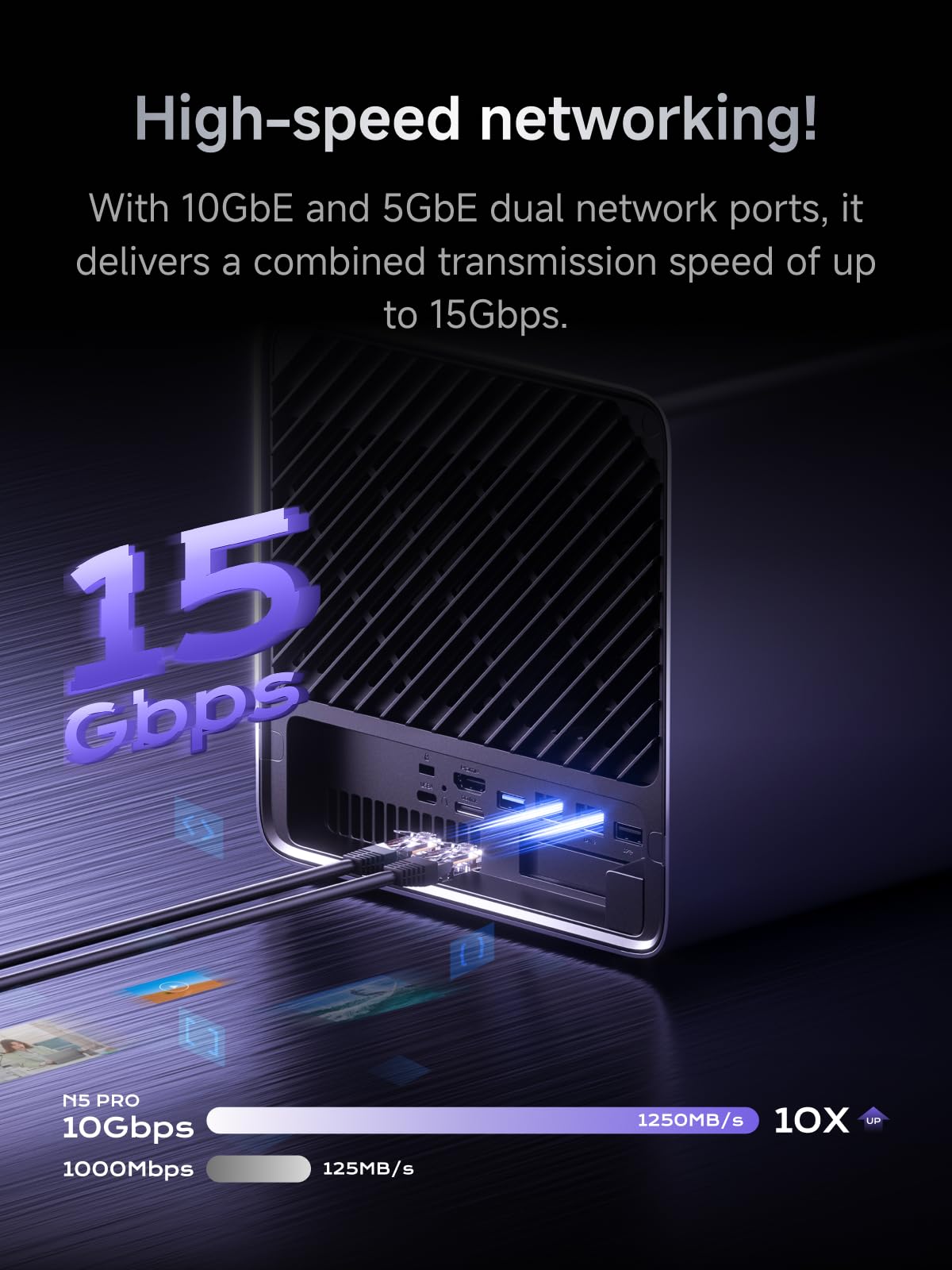 MINISFORUM AI NAS N5 Pro AMD Ryzen AI 9 HX Pro 370(12C/24T) PC, 2x SODIMM DDR5-5600MHz Slot(ECC Support), 128GB SSD(MinisCloud OS), 3xSSD Slot, 5xHDD Slot, 5GbE+10GbE Lan Port Network Attached Storage
