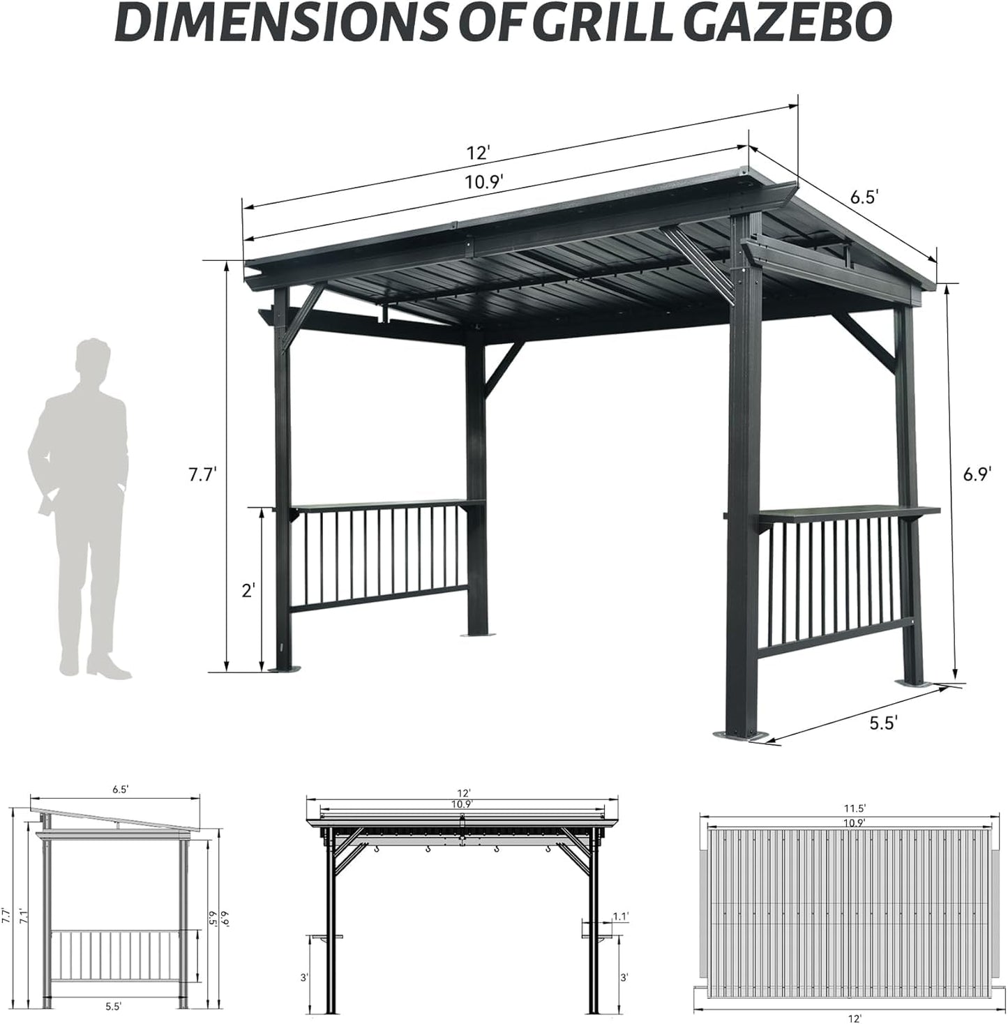 KEIKI 6.5x12FT Hardtop Grill Gazebo, BBQ Shelter with 2 Side Shelves, Sloping Galvanized Steel Roof, Metal Permanent Grill Canopy with Ceiling Hooks for Patio, Lawn, Backyard, Deck, Grey