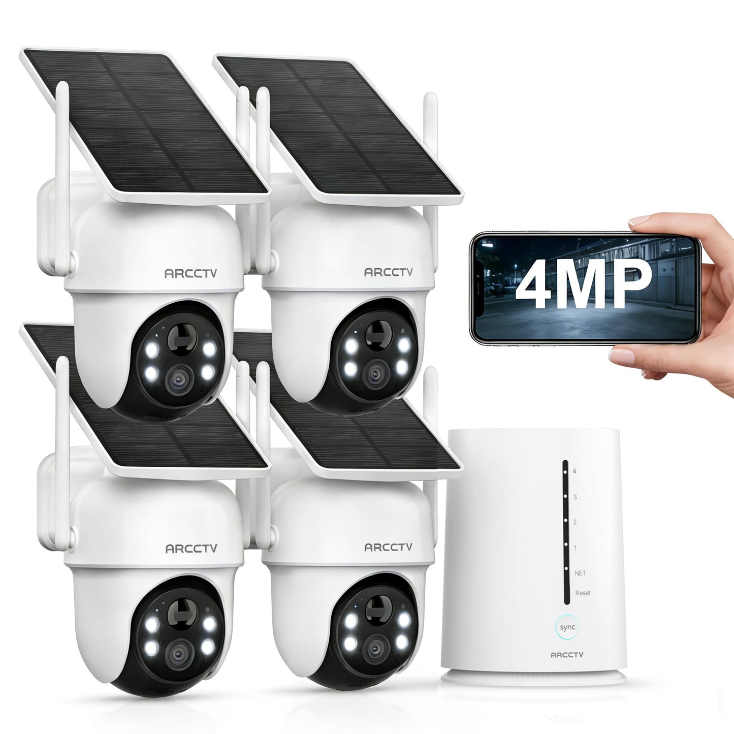 Security Cameras Wireless Outdoor, No Monthly Fee Solar Camera Outdoor Wireless, 4-Camera 4MP Home Security Camera System with Base Station, Local Storage, PIR Motion Detection, Color Night Vision