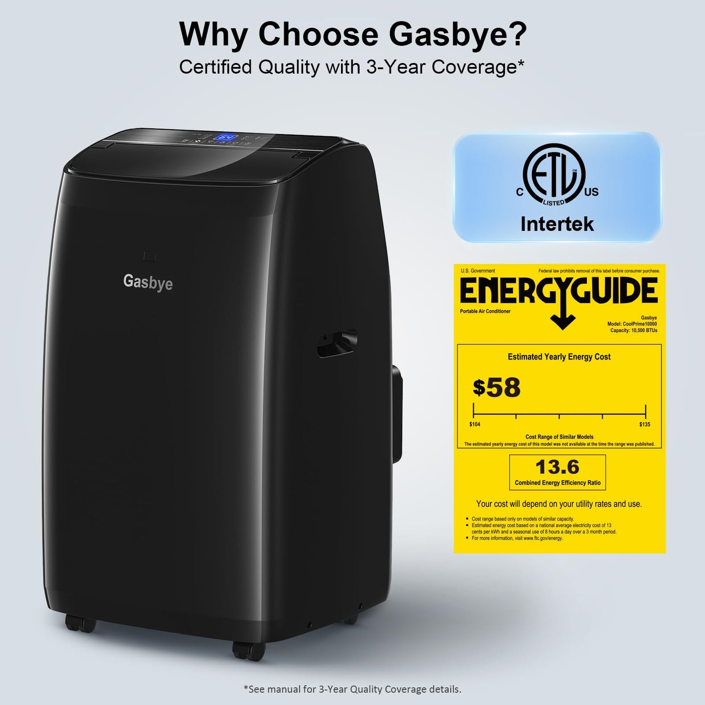 Gasbye Dual Hose Portable Air Conditioner, [2026 Upgraded] Full DC Inverter Compressor, Energy-Saving 13.6 CEER, Low Noise (45dB), Cools Room up to 500 Sq.Ft., Backlit Remote Control, 14,000BTU, Black