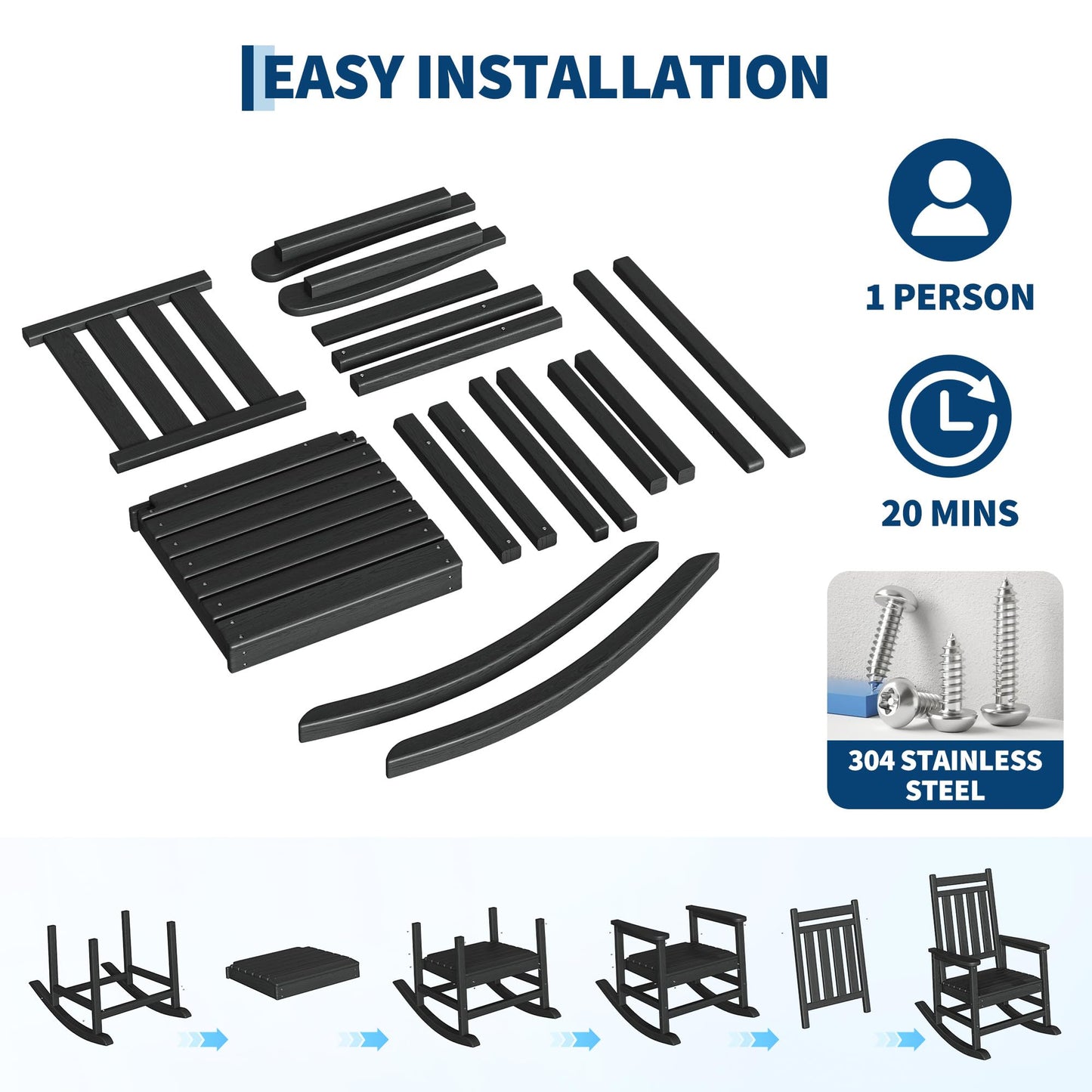 Garvee HDPE Rocking Chair Outdoor Set of 4 with 2 Side Table - Poly High Back Porch Rocker Chairs for Adults - All Weather Resistant Furniture for Patio Front Porch - Black