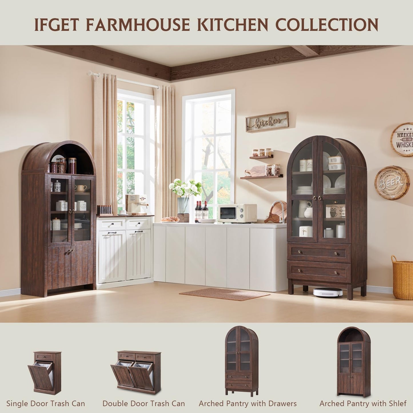 IFGET 71" Tall Arched Kitchen Pantry Cabinet, Wood Kitchens Storage Cabinets with 2 Large Drawers and Adjustable Shelves, Modern Farmhouse Versatile Cupboard for Kitchen, Dining Room, Bathroom, Brown