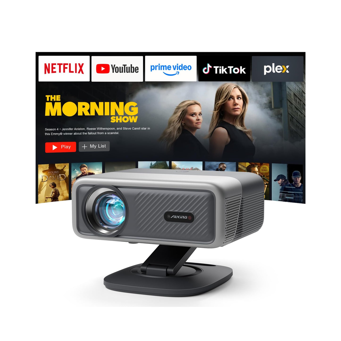 [4200 ANSI] 4K Projector with WiFi and Bluetooth,TOF Real-Time Auto Focus Projector, AuKing Outdoor Movie Home Proyector with Omni-Adjustable Stand(silver grey)