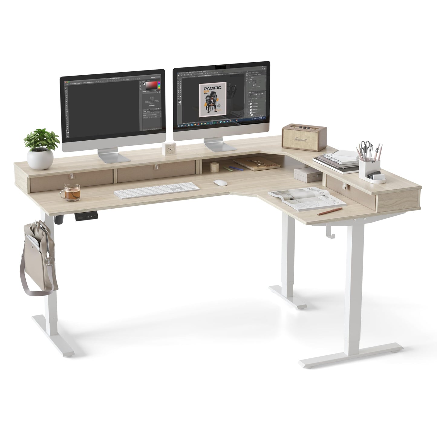 CubiCubi L Shaped Standing Desk with Drawers 63 x 48 Inch Adjustable Height, Electric Corner Desk with Storage, Sit Stand Home Office Desk with Splice Board, Light Walnut