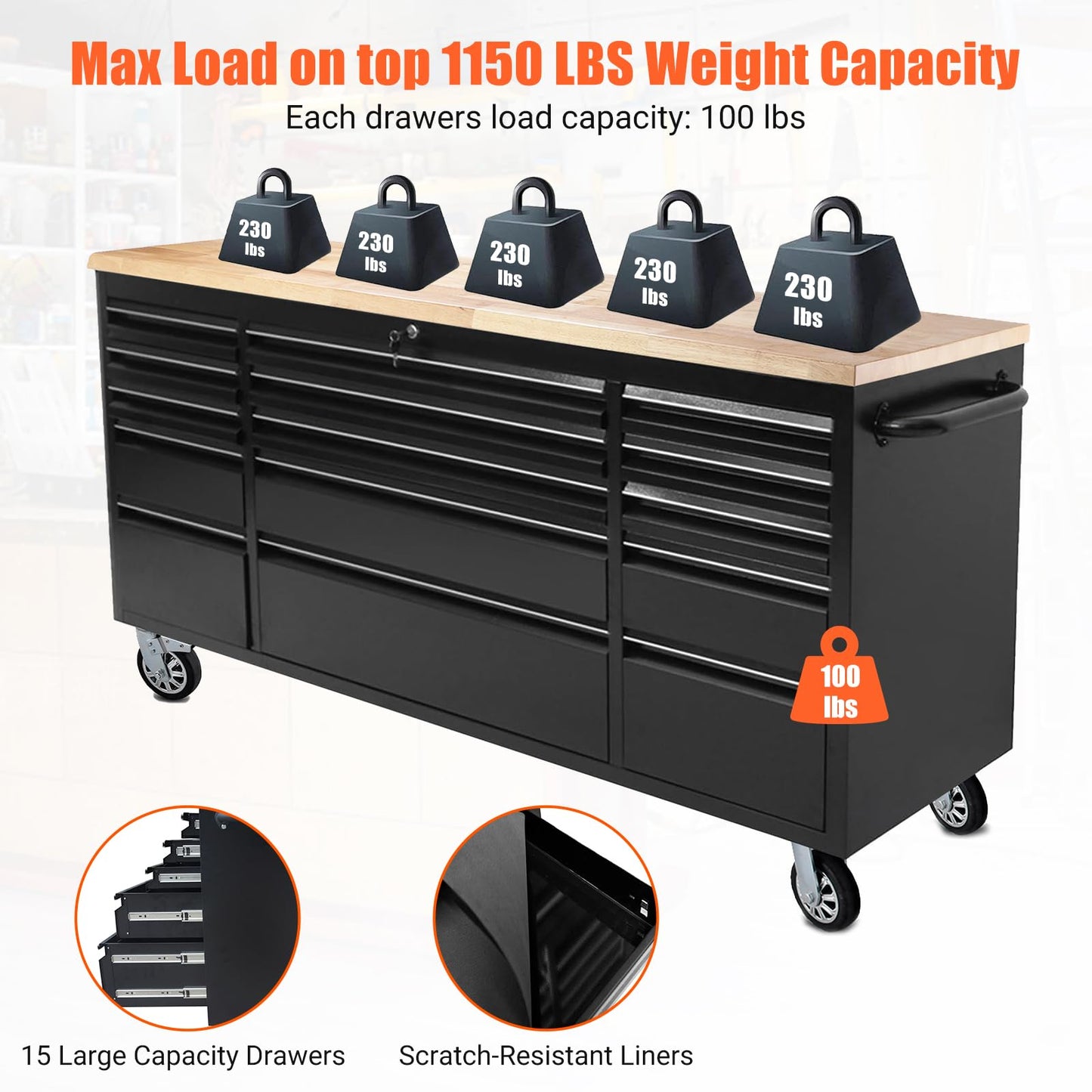 ExploreHorizon 72" Rolling Tool Chest with 15 Drawers - Heavy-Duty Steel & Rubber Wood Workbench on Wheels, Garage Workbench with Key Locking System, Drawer Liners for Warehouse Repair Shop, Black