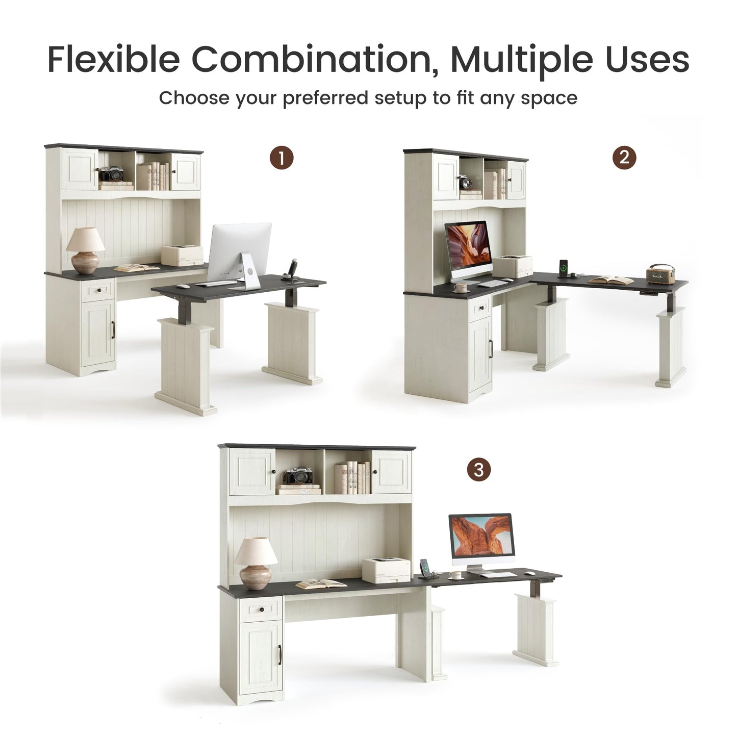 BANTI 60" Adjustable L Shaped Executive Desk with Hutch and Storage Cabinet, Farmhouse Computer Desk with Charging Station, Reversible Home Office Workstation, Antique White