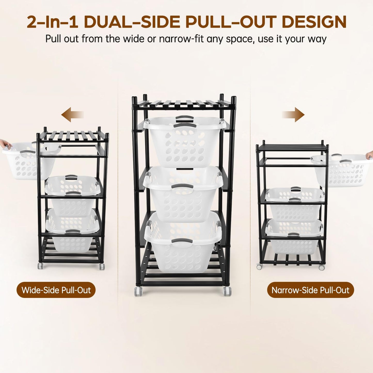 Wooden Laundry Shelf with 3 Large Laundry Baskets, Rolling Laundry Organizer with Wheels, Vertical & Horizontal Assembly, Space-Saving Storage Rack for Bathroom, Bedroom, Laundry Room (Black)