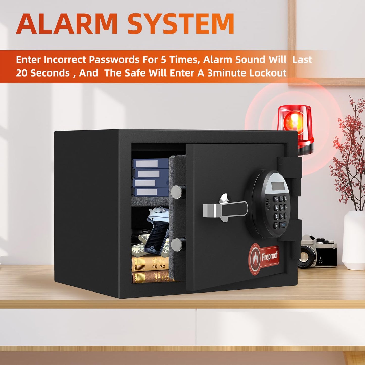 1.2 Cubic Feet Fireproof Safe Box, Fireproof Home Safe for Money, Jewelry, Documents and Valuables W/Digital Keypad, Alarm System, Removable Shelf, Home and Office Use Document Box