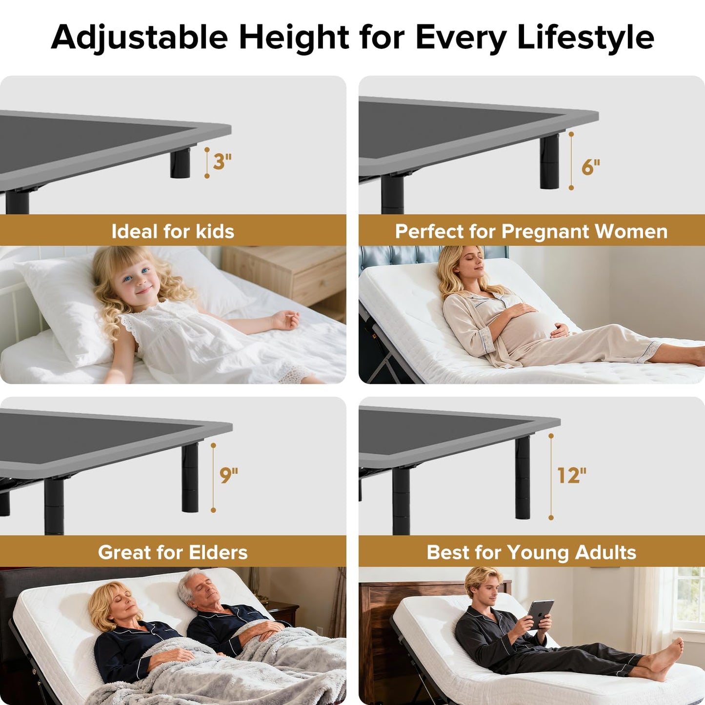 KEIKI Queen Adjustable Bed Frame with Massage Head & Foot Incline, Wireless Remote, USB Ports & LED Night Light – Sturdy, Easy Assembly – Compatible with Adjustable Base – Black