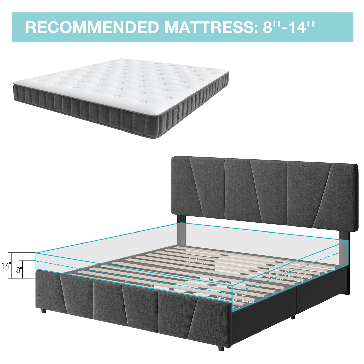 King Size Bed Frame with Upholstered Headboard & 4 Storage Drawers with Wheels, Platform Bed Frame with Wooden Slat Support, Adjustable Headboard, No Box Spring Needed, Noise-Free, for Bedroom