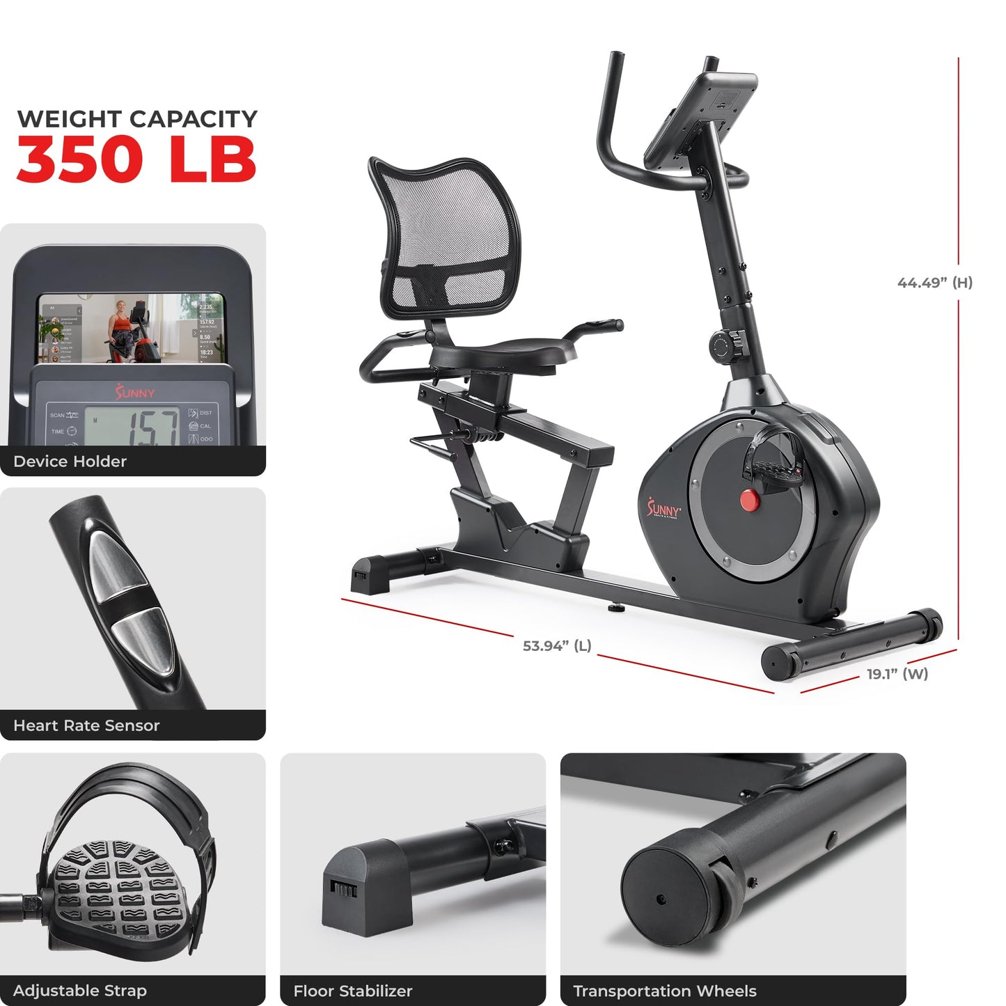 Sunny Health & Fitness Smart Recumbent Bike Exercise Machine, 350LB Weight Capacity, Non-Crank Design, Adjustable Cushion Seat for Adult/Seniors Workout at Home, Exclusive SunnyFit App Bluetooth Link