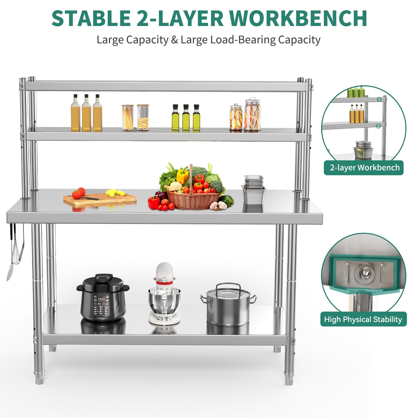 YITAHOME 48" X 24" Stainless Steel Table with 48" X 12" Overshelves