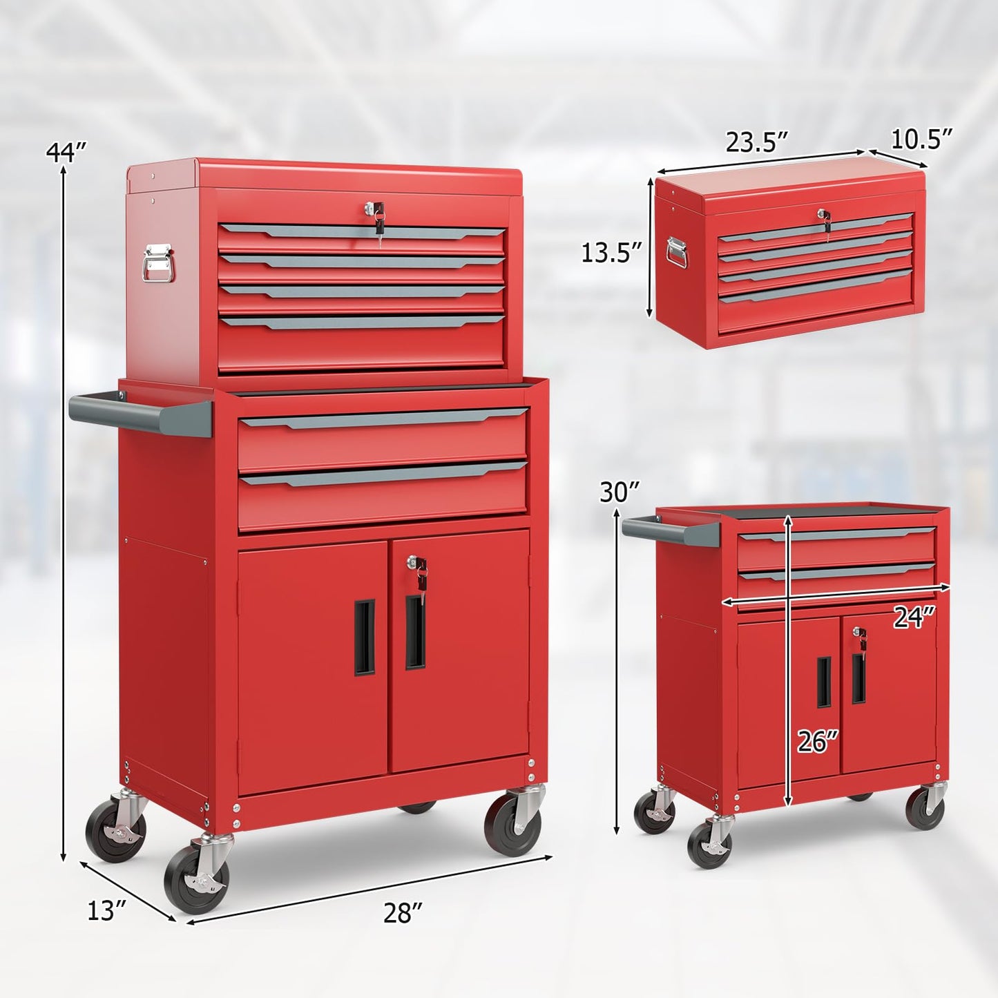 ERGOMASTER Large Rolling Tool-Chest with 6 Drawers Heavy Duty Tool-Cabinet on Wheels Lockable and Lock System for Garage Workshop(28 x 13 x 44”-Red)