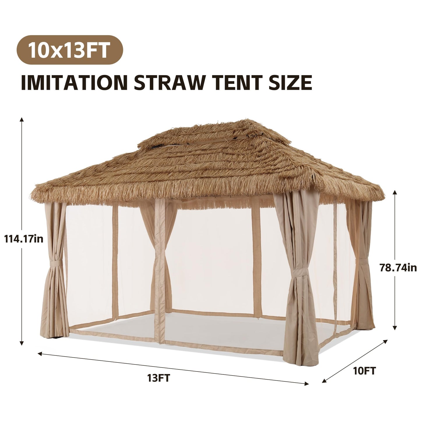 Saemoza 10 x 13 ft Thatched Gazebo Canopy, Double-Layer Ventilated Roof, Mesh Netting and Curtain Sidewalls, UV-Resistant, for Garden, Porch, Poolside, Khaki