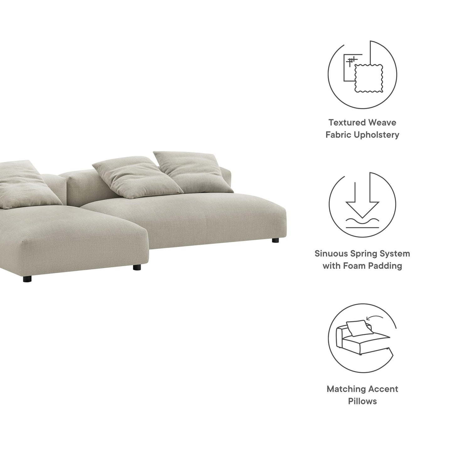 Modway Solace Modular Fabric Sectional Sofa with Chaise in Linen - Comfy Upholstered Deep Seat Sofa - Modern L-Shaped 2-Piece Sectional Sofa Set - 3 Seater Sofa for Living Room