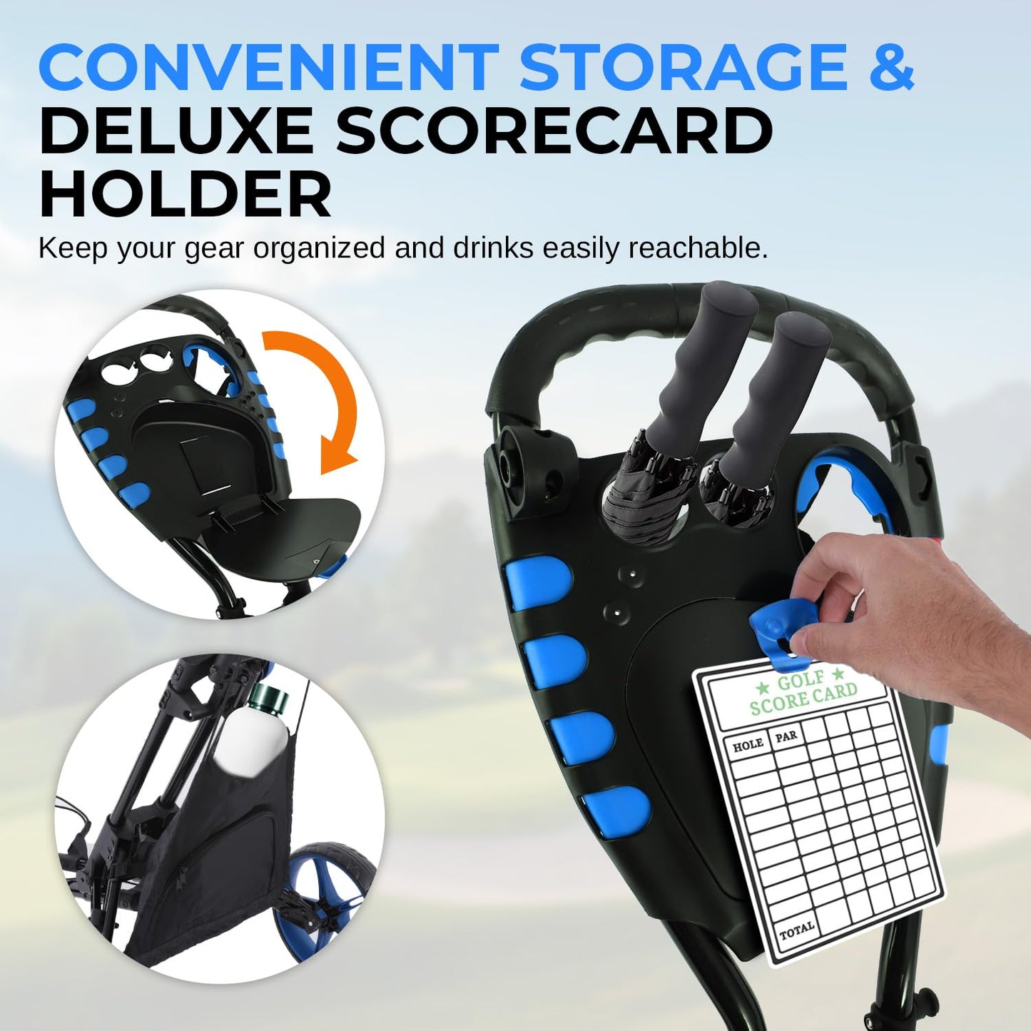 SereneLife Golf Cart Lightweight Foldable Golf Push Cart - Aluminum Folding Trolley with Adjustable Handle, Elastic Bag Straps, Dual Brakes, Scorecard & Cup Holders for Easy Maneuverability