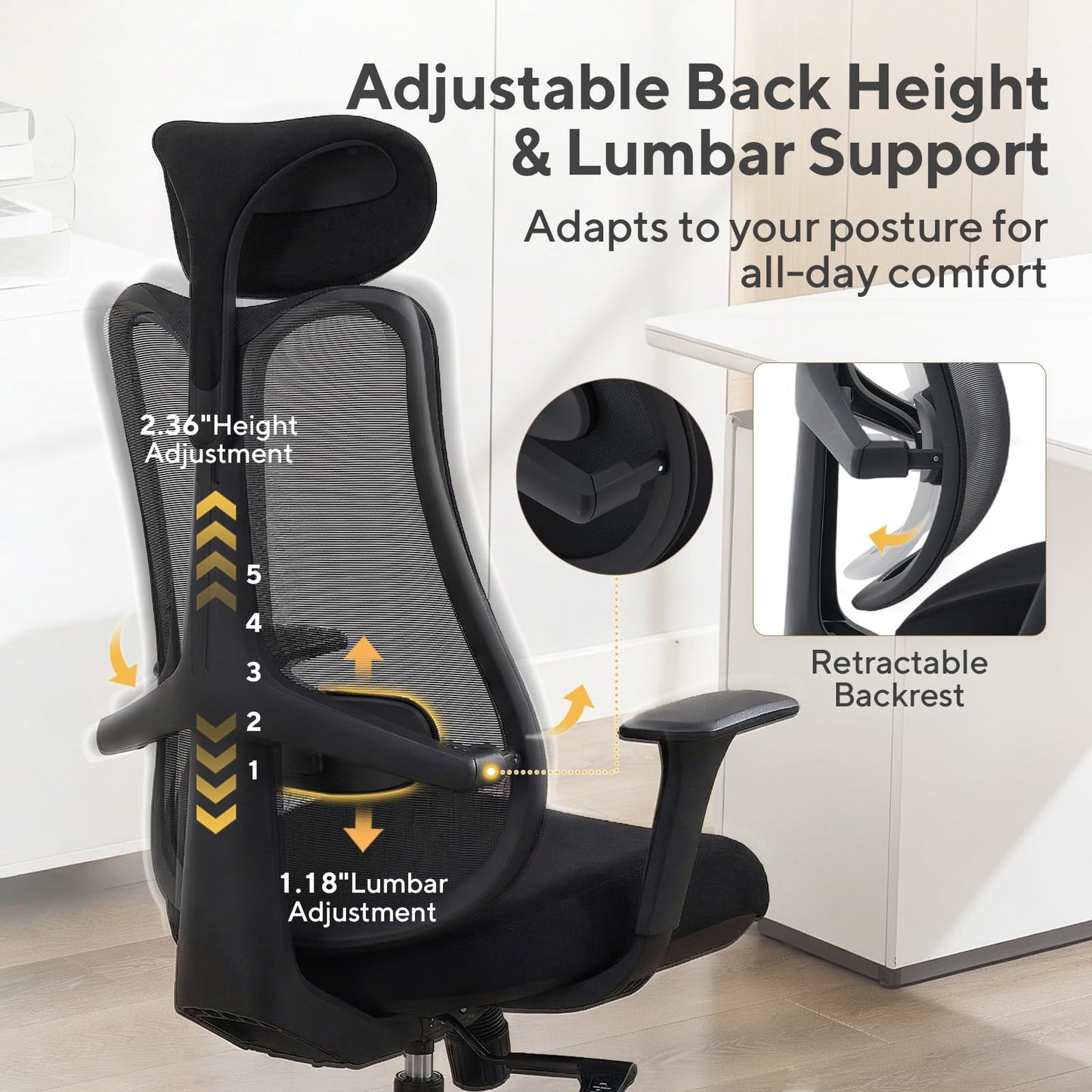 Nouhaus Fluido Ergonomic Office Chair, High Back Mesh Computer Chair w/Height Adjustable Lumbar Support, Backrest & Headrest, Dynamic Back Support, 3D Armrests, Home Office Desk Chairs Comfy (Black)