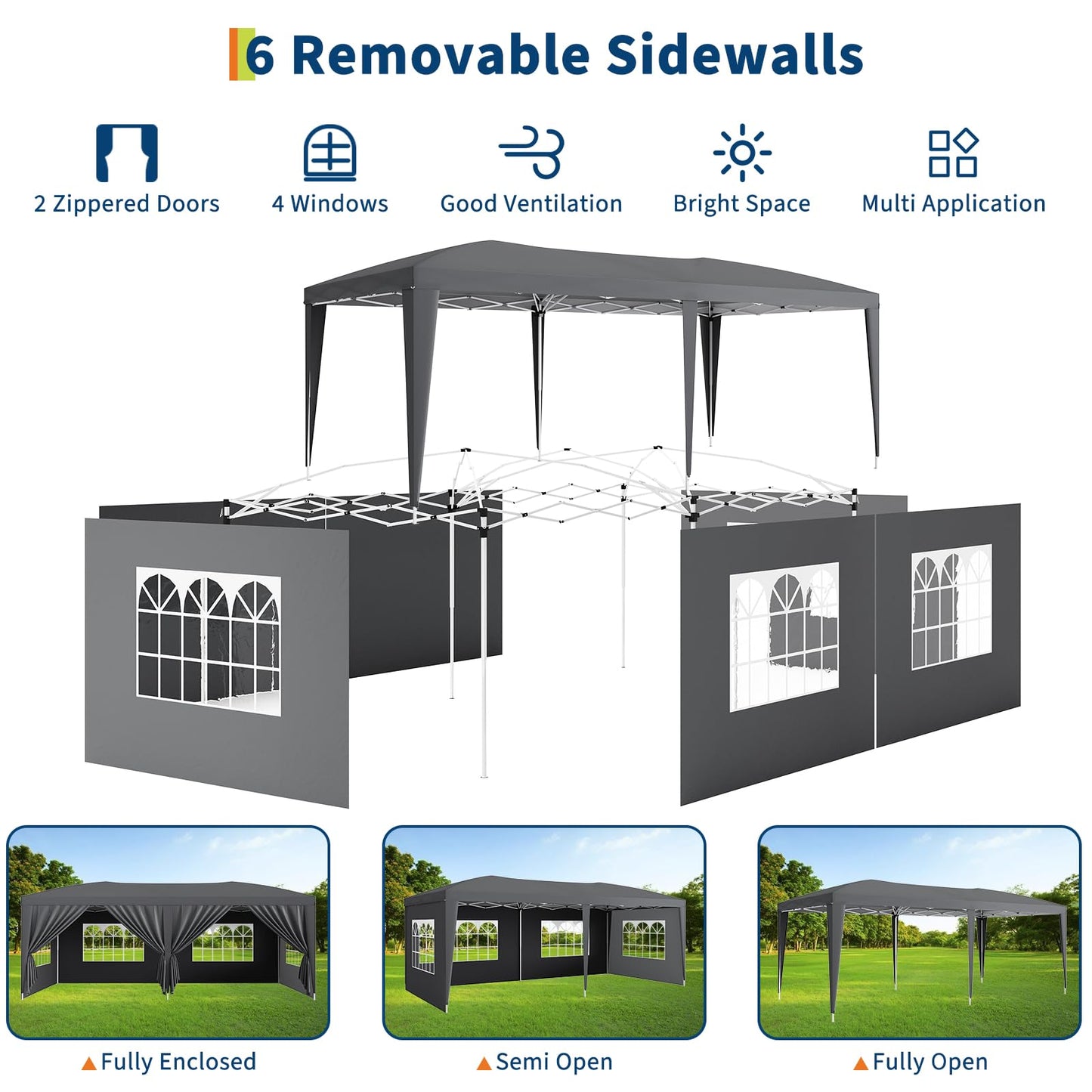 GarveeTech 10x20 FT Pop Up Canopy Tent with 6 Removable Sidewalls, Reinforced Waterproof Outdoor Gazebo, 3 Height Adjustable Party Tent for Wedding, Market, Backyard Events, Includes Carry Bag