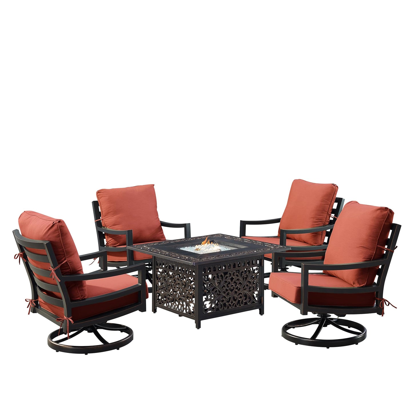 Oakland Living Black Aluminum Patio Fire Table Set with Four Club Chairs with Red Cushions
