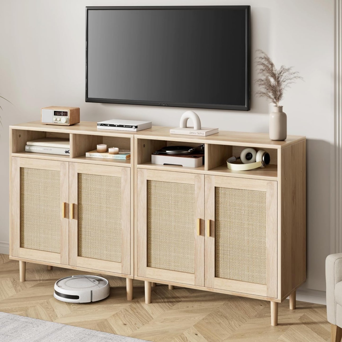 Garvee 2PCS 36" Modern Rattan Sideboard Cabinet - 2-Door Storage Buffet with Shelf, Boho TV Stand & Coffee Bar for Dining Room, Kitchen & Entryway