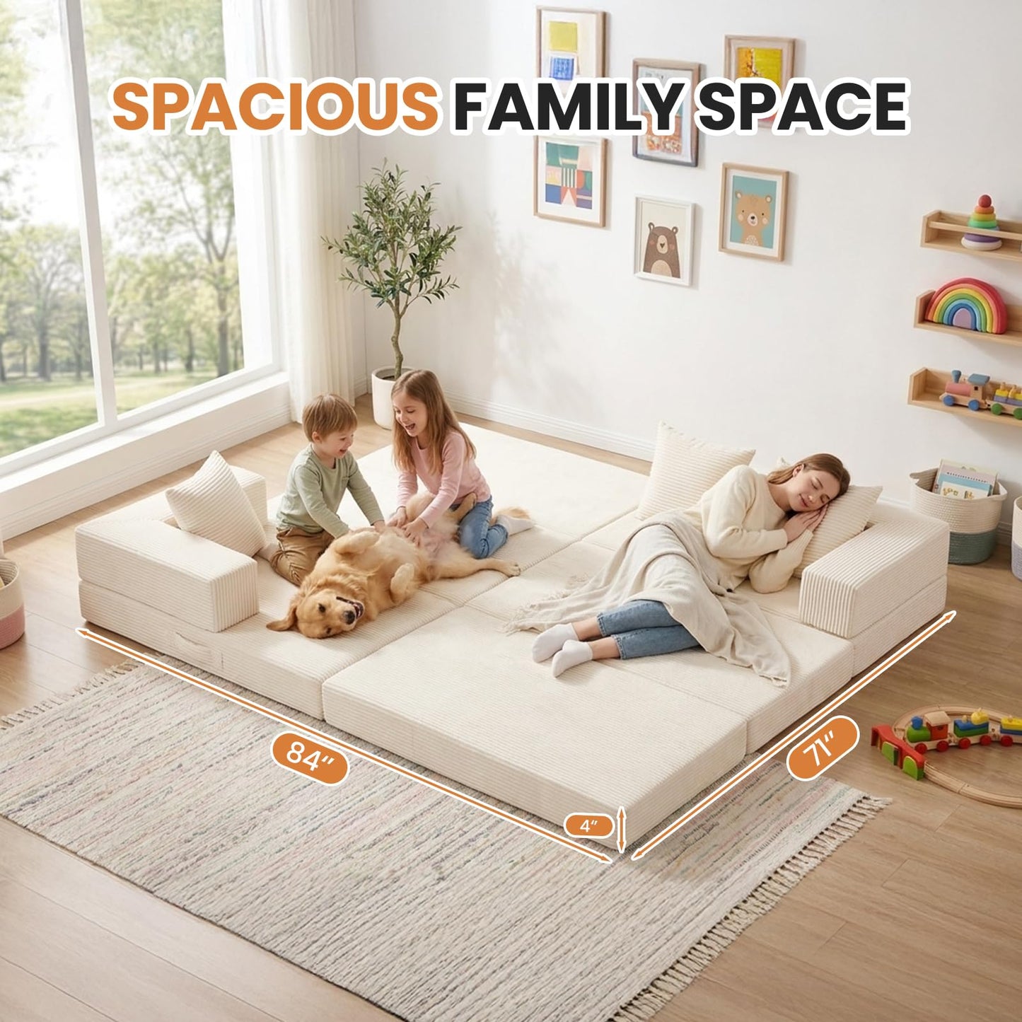 65" Boneless Couch,Convertible Sleeper Sofa Bed, Modular Sectional Sofa, Modern Tri-Folding Cloud Couch with L-Shape Chaise, Corduroy Futon Couches for Living Room Small Spaces Apartment,No Assembly