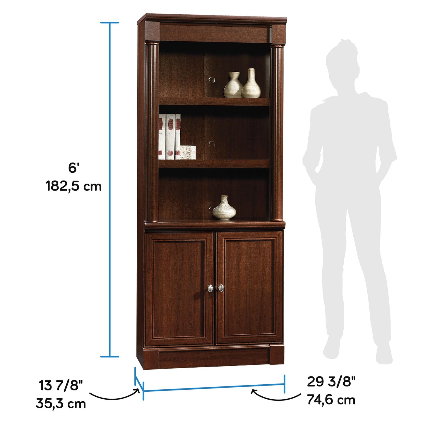 Sauder Palladia Book Shelf, Bookshelf with Storage, Library Bookcase with Doors and Adjustable Shelves, in Select Cherry finish