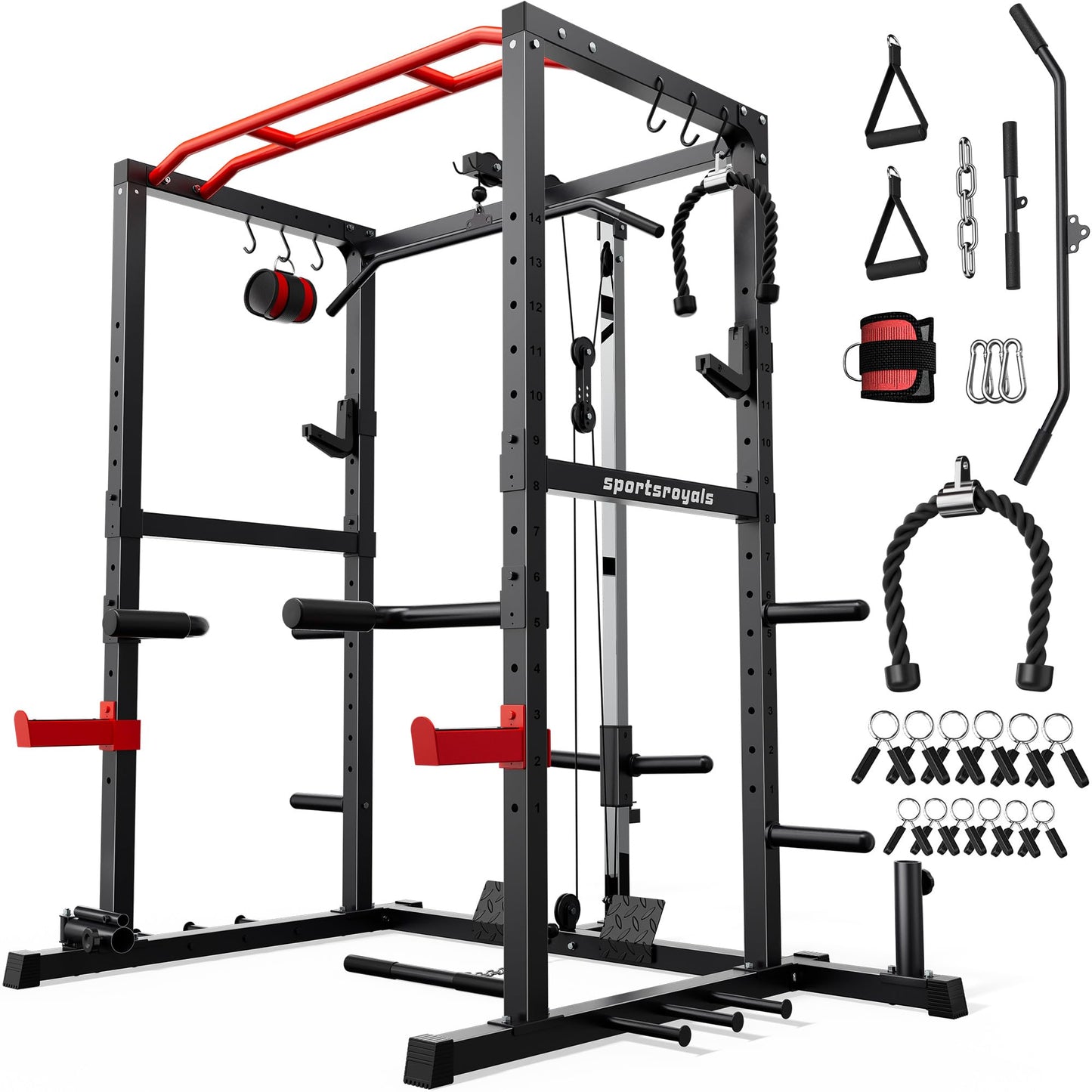 Sportsroyals Power Rack, Multi-Functional Power Cage, Squat Rack with Pulley System & LAT Pull Down, Workout Cage with J Hooks for Home Gym