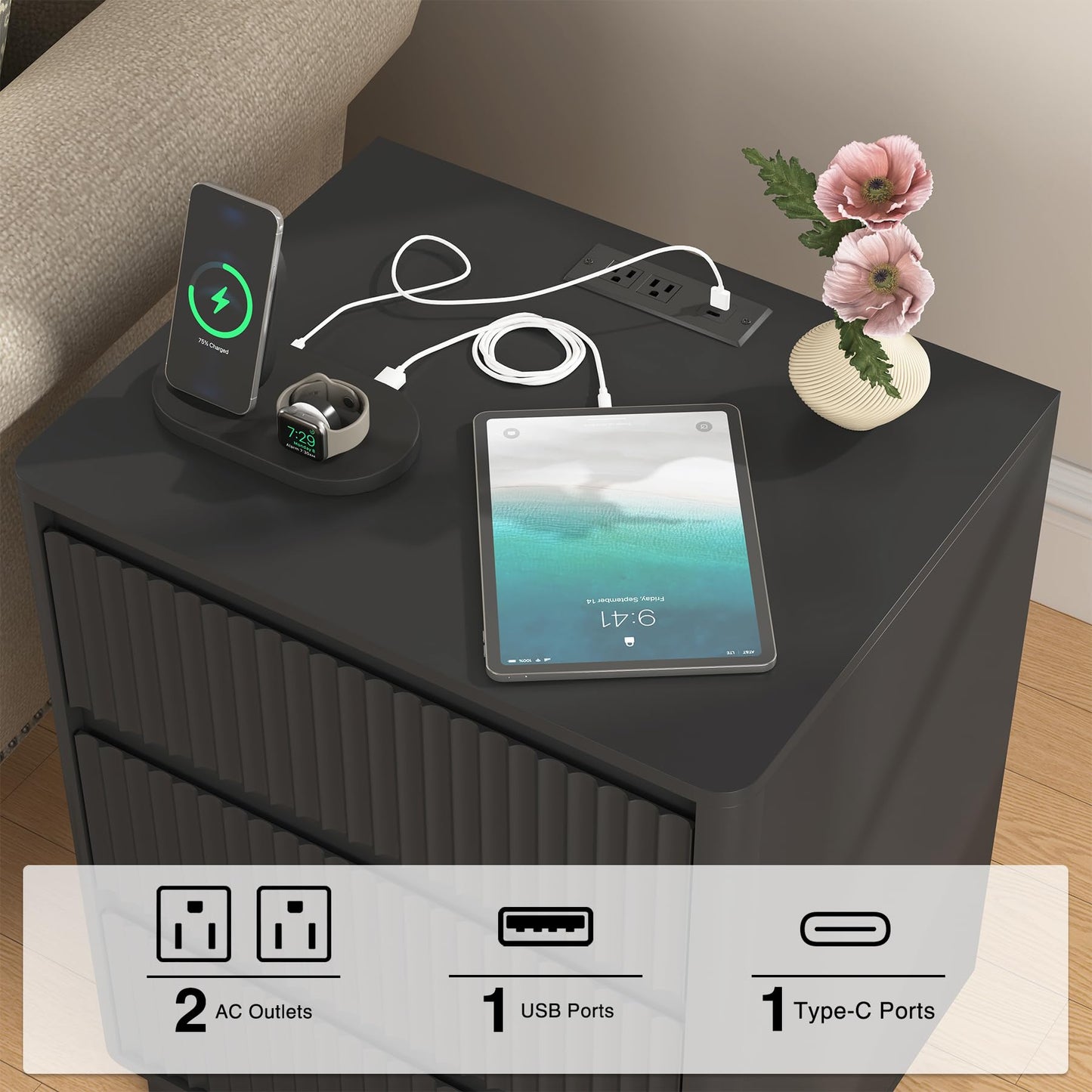 Set of 2 Nightstands with Charging Station, Rounded Corner Fluted Bedside Tables with 3 Drawers & Cable Management, Modern End Tables for Bedroom, Black