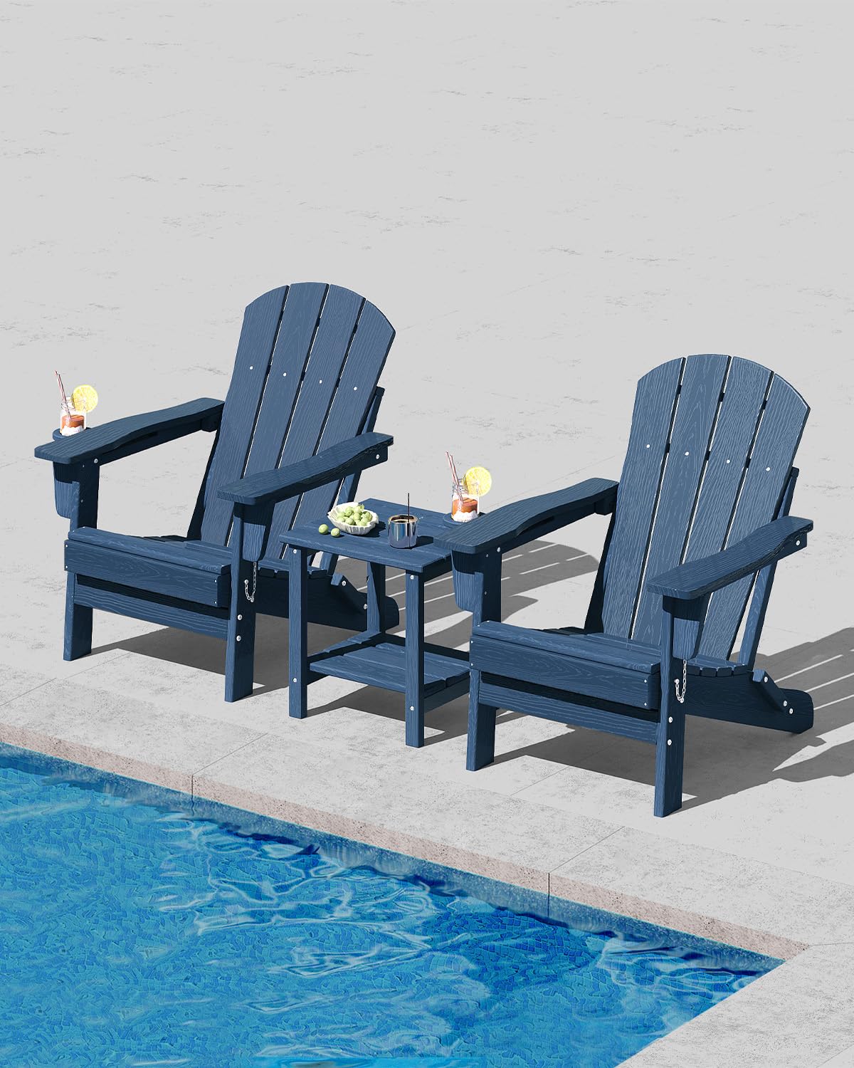 GarveeLife Folding Adirondack Chair Set of 2 with Side Table, All-Weather HDPE Outdoor Chair, Wooden Textured with Cup Holder for patios, Decks, Gardens, fire pits, Navy Blue