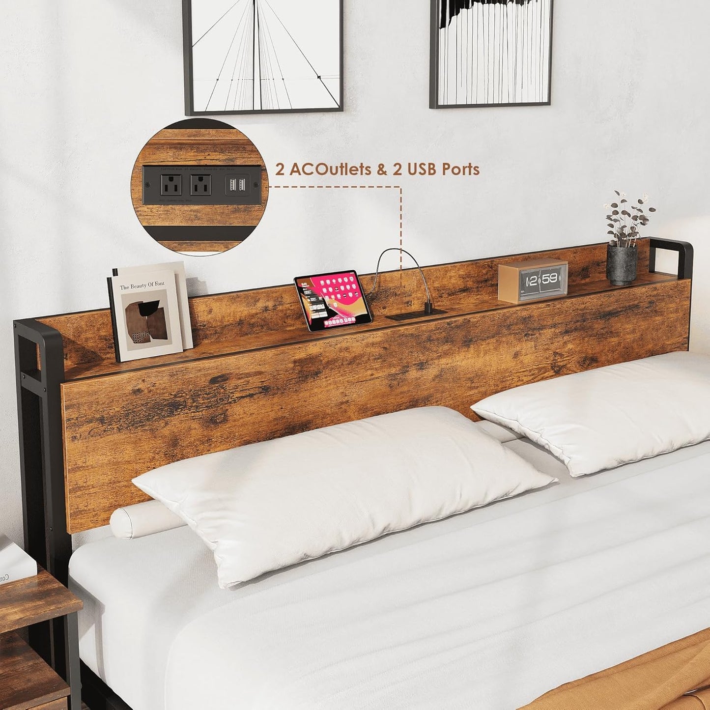 GarveeHome King Size Bed Frame Charging Station with 2 USB Ports & 2 AC Outlets, Heavy Duty Metal Bed Frame with Wooden Headboard and Footboard, No Box Spring Needed, Easy to Assemble, King Size