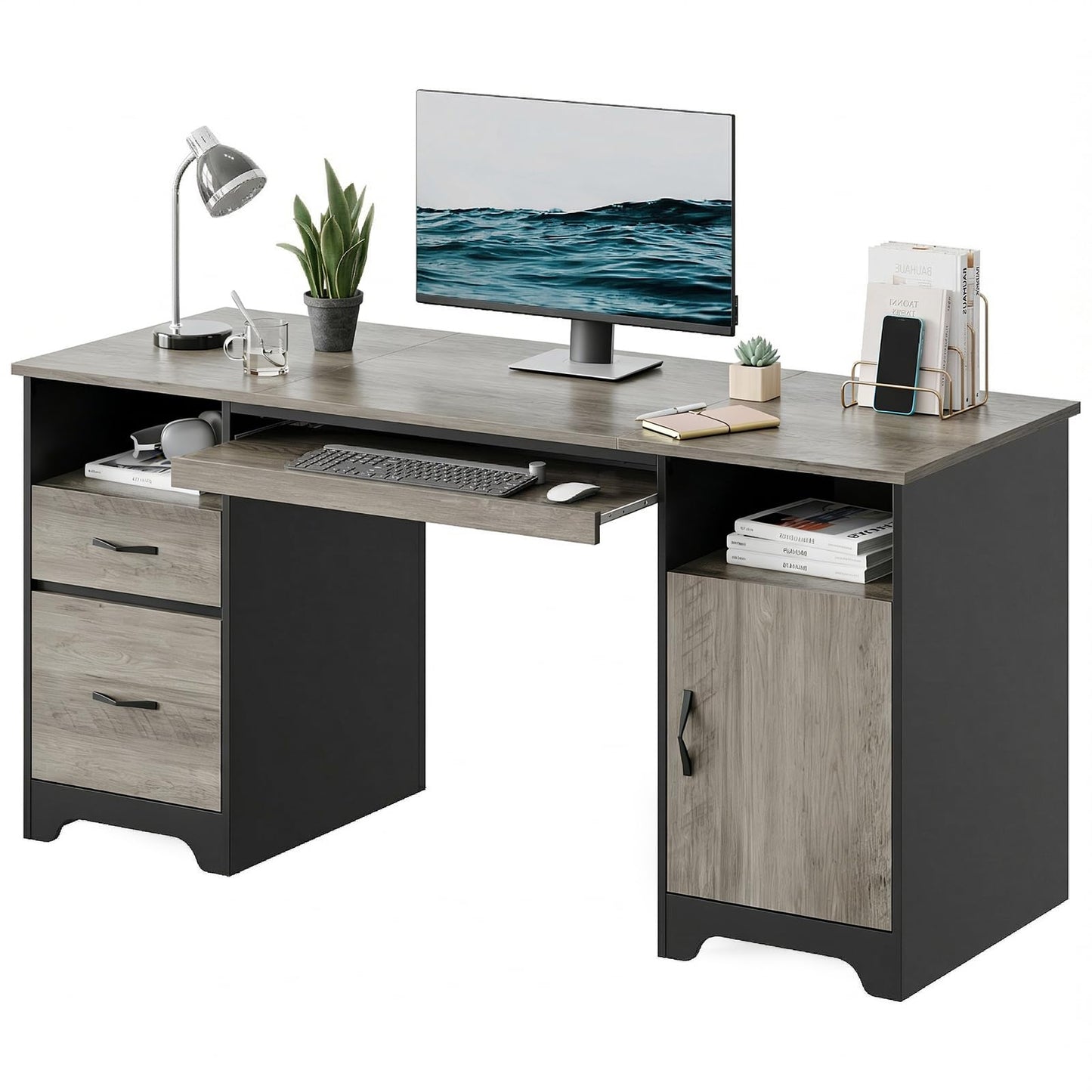 Bestier 59”Executive Desk with 2 Drawers,Computer Desk with Storage Cabinet,Industrial Wood Desk with File Drawer,Keyboard Tray & 2 Pedestals for Home Office & Studio,Gray