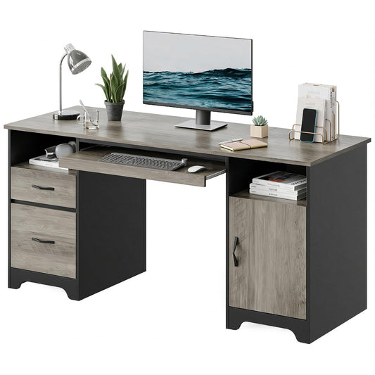 Bestier 59”Executive Desk with 2 Drawers,Computer Desk with Storage Cabinet,Industrial Wood Desk with File Drawer,Keyboard Tray & 2 Pedestals for Home Office & Studio,Gray