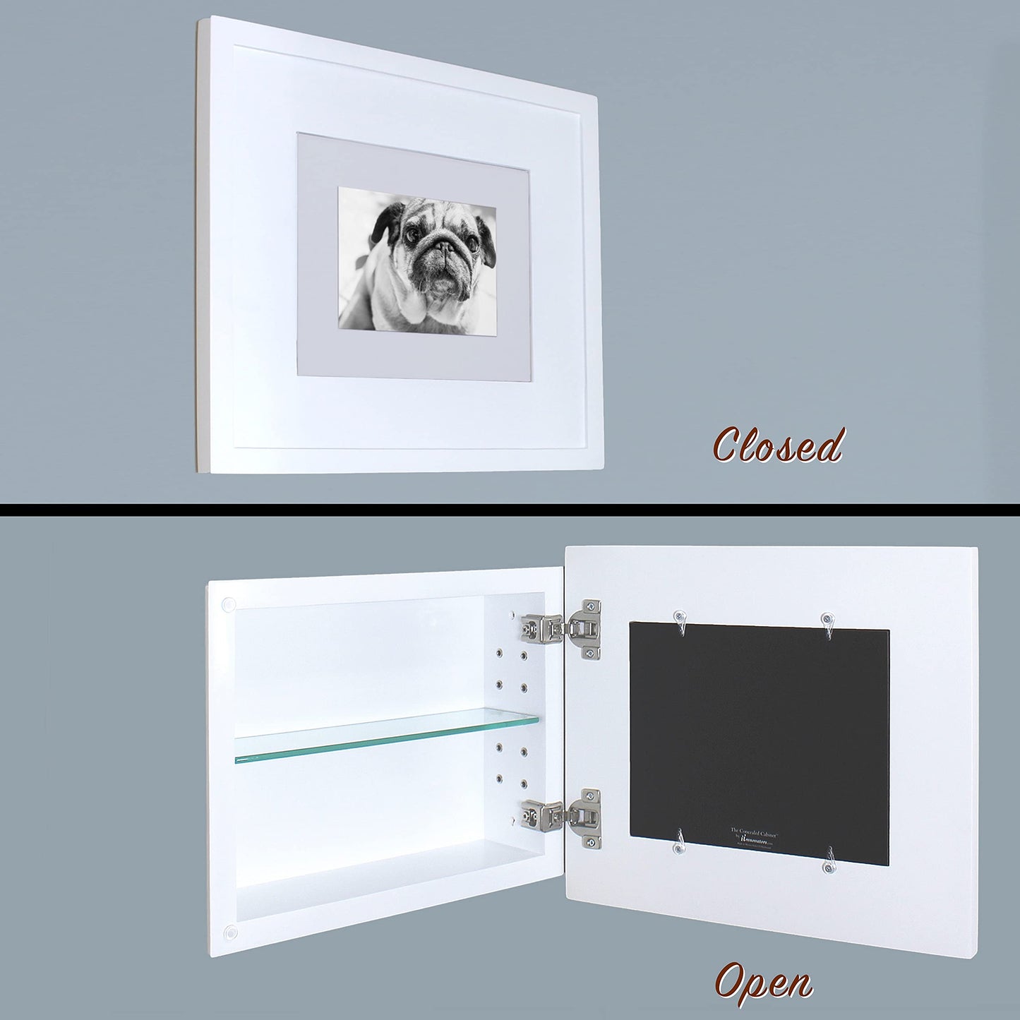 Fox Hollow Furnishings 14x11 Concealed Picture Frame Medicine Cabinet Without Mirror for Bathroom, Recessed in The Wall, Made in North America, Real Wood, NO MDF, Adjustable Shelves, Hidden, White