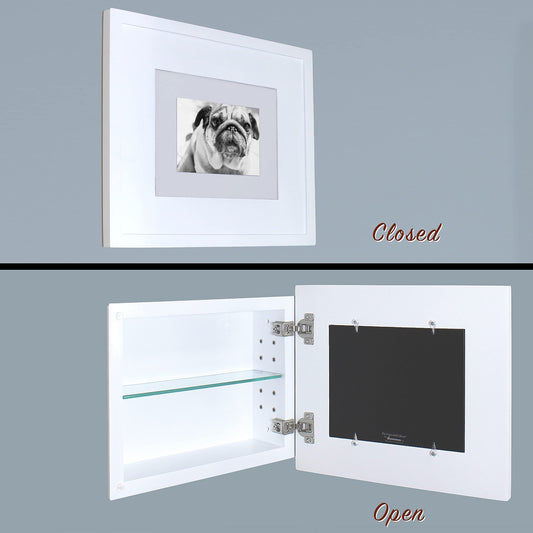 Fox Hollow Furnishings 14x11 Concealed Picture Frame Medicine Cabinet Without Mirror for Bathroom, Recessed in The Wall, Made in North America, Real Wood, NO MDF, Adjustable Shelves, Hidden, White