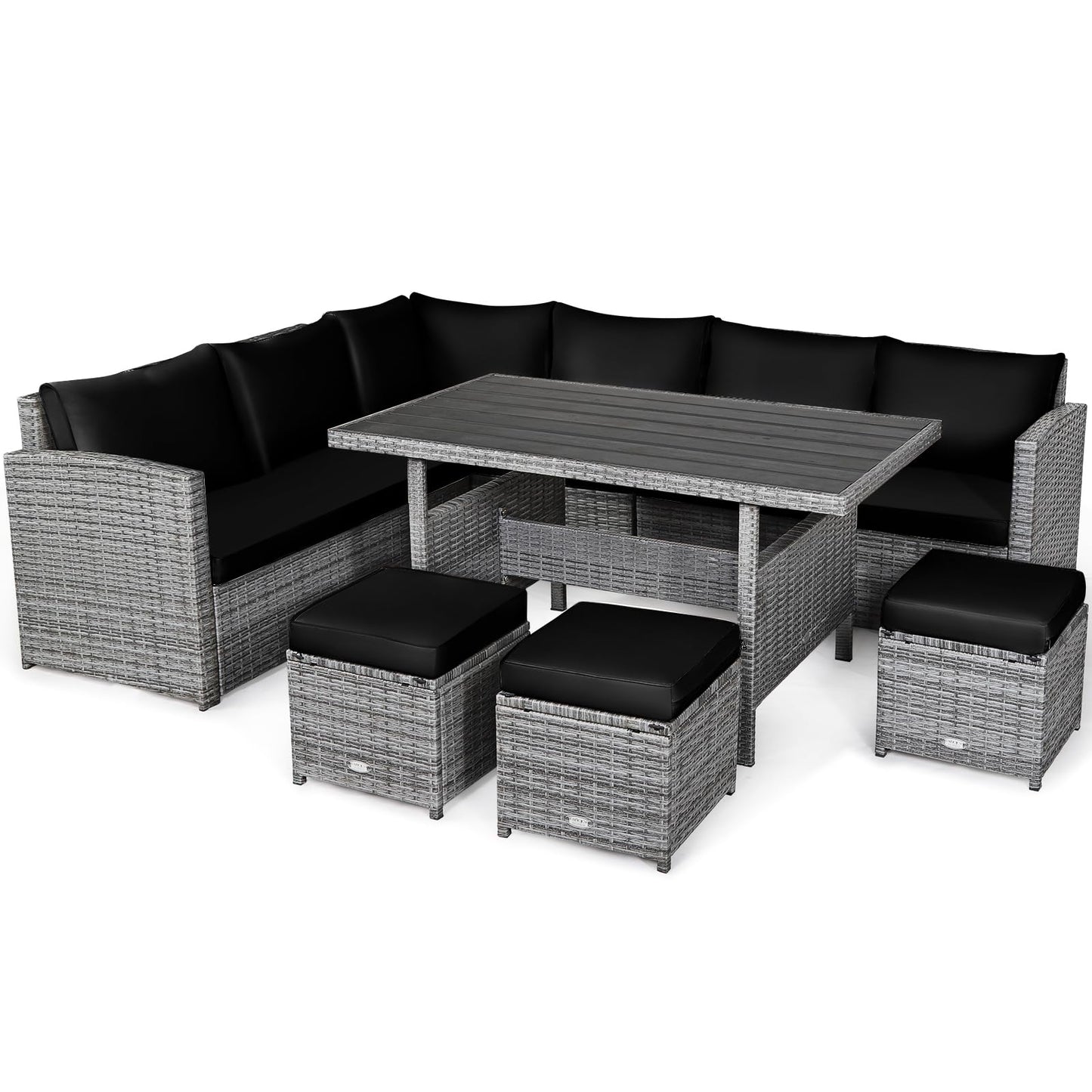 Tangkula 7 Pieces Patio Furniture Set, Outdoor Sectional Rattan Sofa Set with Cushions, All Weather Wicker Conversation Couch Set w/Dining Table & Ottomans for Backyard Garden Poolside, Black