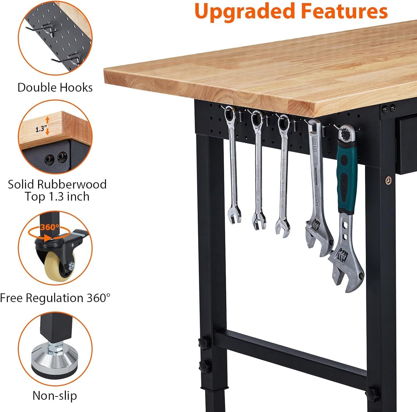Workbench 60" x 22" Adjustable Height Worktable, Heavy Duty Rubber Wood Top, 2000 LBS Load Capacity, Tool Storage Workstation with Drawer, Pegboard, Power Outlets & Lockable Wheels