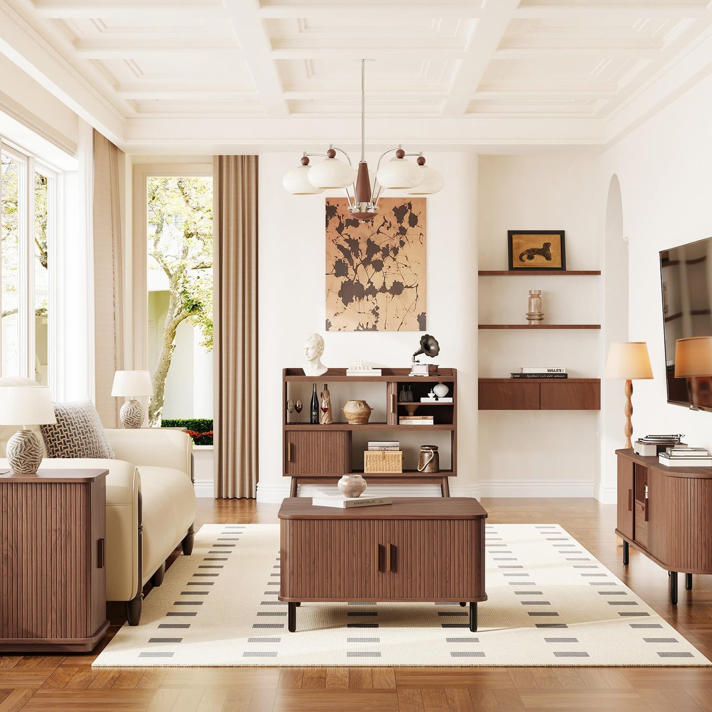 ONBRILL 44" Sideboard Buffet Cabinet with Outlet & 2 Open Storage Spaces, Fluted Sideboard Cabinet with Sliding Door & Adjustable Shelves, Mid-Century Accent Coffee Bar Console Table with Wooden Feet