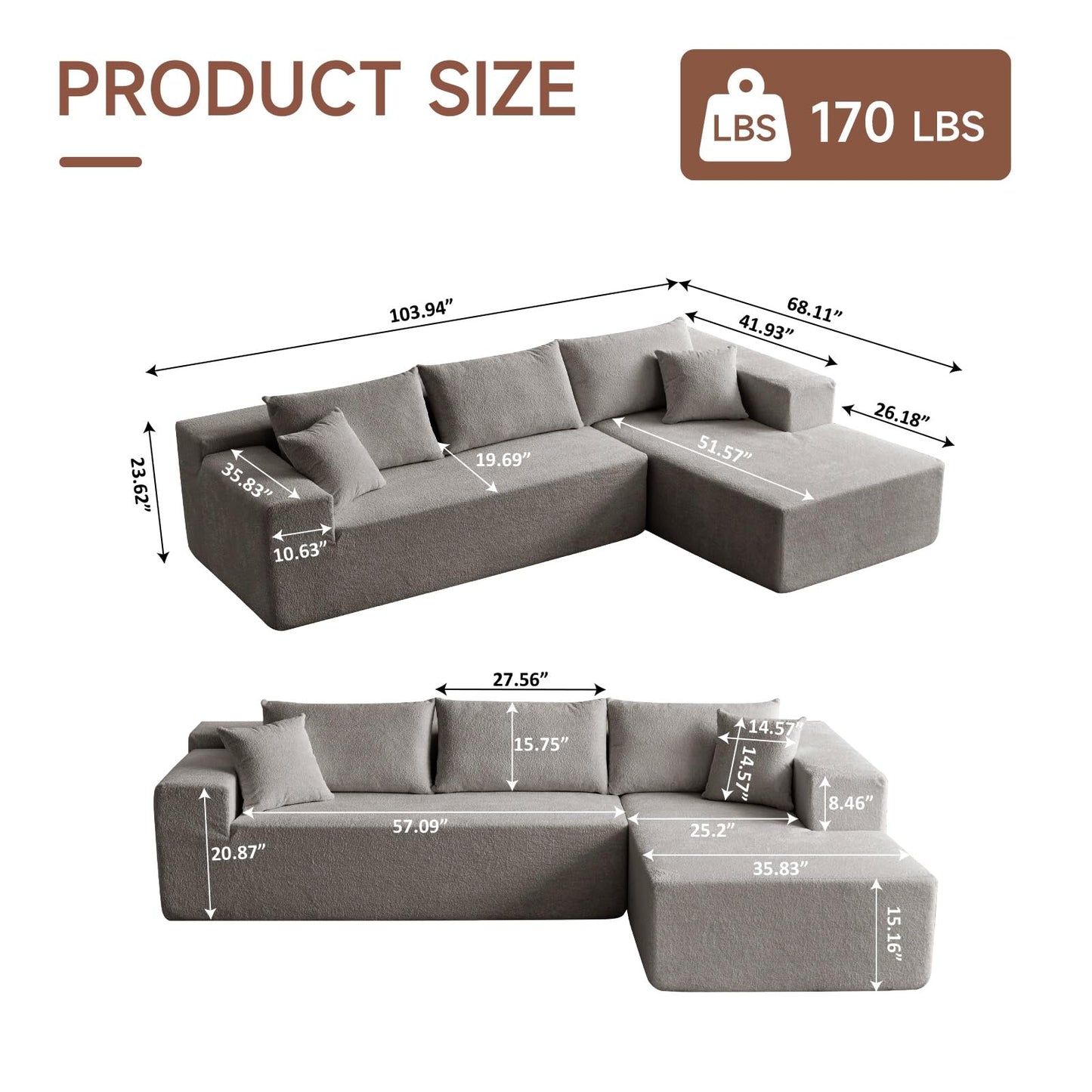 Trygoal 103” L Shaped Cloud Sectional Boneless Couches for Living Room, Modern Modular Sofa Couch with Chaise, Comfy Deep Seat Living Room Furniture Set, No Assembly, Grey